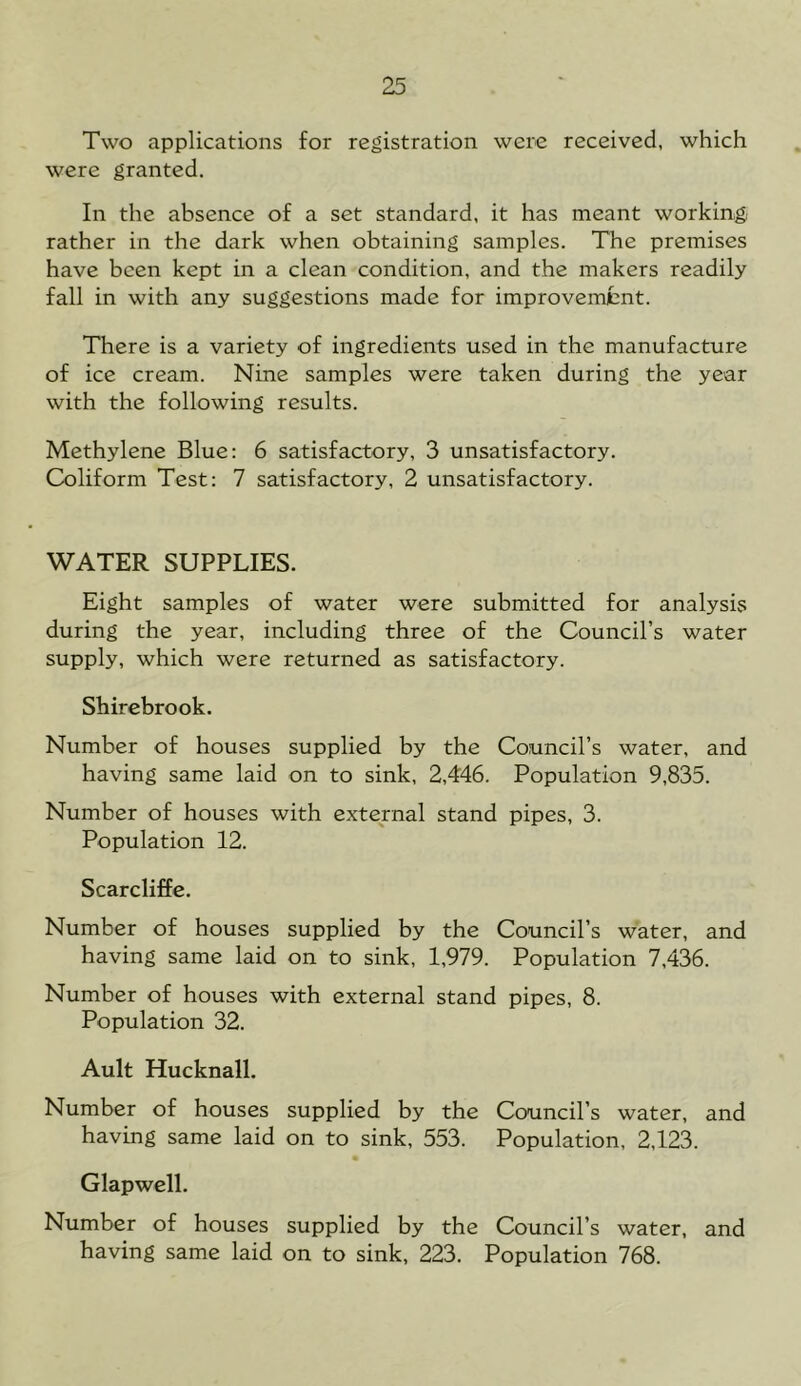 Two applications for registration were received, which were granted. In the absence of a set standard, it has meant working, rather in the dark when obtaining samples. The premises have been kept in a clean condition, and the makers readily fall in with any suggestions made for improvemibnt. There is a variety of ingredients used in the manufacture of ice cream. Nine samples were taken during the year with the following results. Methylene Blue; 6 satisfactory, 3 unsatisfactory. Coliform Test: 7 satisfactory, 2 unsatisfactory. WATER SUPPLIES. Eight samples of water were submitted for analysis during the year, including three of the Council’s water supply, which were returned as satisfactory. Shirebrook. Number of houses supplied by the Council’s water, and having same laid on to sink, 2,446. Population 9,835. Number of houses with external stand pipes, 3. Population 12. Scarcliffe. Number of houses supplied by the Council’s water, and having same laid on to sink, 1,979. Population 7,436. Number of houses with external stand pipes, 8. Population 32. Ault Hucknall. Number of houses supplied by the Council’s water, and having same laid on to sink, 553. Population, 2,123. Glapwell. Number of houses supplied by the Council’s water, and having same laid on to sink, 223. Population 768.