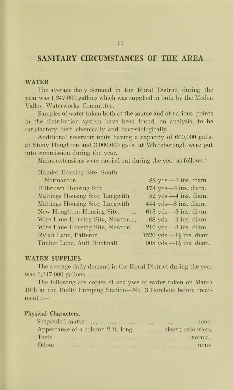 SANITARY CIRCUMSTANCES OF THE AREA WATER The average daily demand in the Rural District during the year was 1,347,000 gallons which was supplied in bulk by the Meden Valley Waterworks Committee. Samples of water taken both at the source and at various points in the distribution system have been found, on analysis, to be satisfactory both chemically and bacteriologically. Additional reservoir units having a capacity of 600,000 galls, at Stony Houghton and 3,000,000 galls, at Whiteborough were put into commission during the year. Mains extensions were carried out during the year as follows :— Hamlet Housing Site, South Normanton Hillstown Housing Site Maltings Housing Site, Langwith Maltings Housing Site, Langwith New Houghton Housing Site. Wire Lane Housing Site, Newton Wire Lane Housing Site, Newton Rylah Lane, Palteron Timber Lane, Ault Hucknall. WATER SUPPLIES The average daily demand in the Rural District during the year was 1,347,000 gallons. The following are copies of analyses of water taken on March 19th at the Rudly Pumping Station—No. 3 Borehole before treat- ment :— 88 yds.—3 ins. diam. 174 yds—3 ins. diam. 52 yds.—4 ins. diam. 444 yds—3 ins. diam. 615 yds.—3 ins. dnm. 68 yds.—4 ins. diam. 210 yds.—3 ins. diam. 1520 yds.—1| ins. diam. 905 yds.—1| ins. diam. Physical Characters. Suspended matter .... Appearance of a column 2 ft. long. Taste Odour none. clear ; colourless. normal. none.