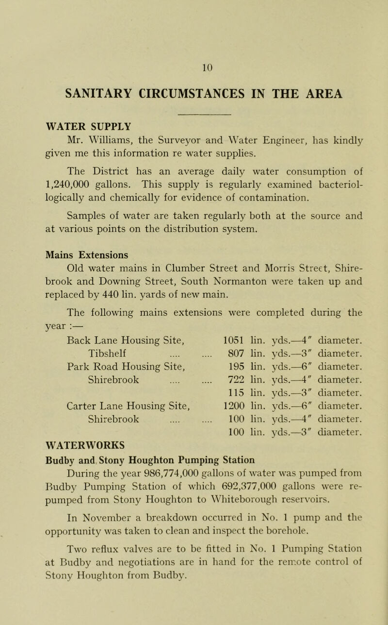 SANITARY CIRCUMSTANCES IN THE AREA WATER SUPPLY Mr. Williams, the Surveyor and Water Engineer, has kindly given me this information re water supplies. The District has an average daily water consumption of 1,240,000 gallons. This supply is regularly examined bacteriol- logically and chemically for evidence of contamination. Samples of water are taken regularly both at the source and at various points on the distribution system. Mains Extensions Old water mains in Clumber Street and Morris Street, Shire- brook and Downing Street, South Normanton were taken up and replaced by 440 lin. yards of new main. The following mains extensions were completed during the year Back Lane Housing Site, 1051 lin. yds.—4 diameter. Tibshelf 807 lin. yds.—3 diameter. 195 lin. yds.—6 diameter. 722 lin. yds.—4 diameter. 115 lin. yds.—3 diameter. 1200 lin. yds.—6 diameter. 100 lin. yds.—4 diameter. 100 lin. yds.—3 diameter. Park Road Housing Site Shirebrook Carter Lane Housing Site, Shirebrook WATERWORKS Budby and Stony Houghton Pumping Station During the year 986,774,000 gallons of water was pumped from Budby Pumping Station of which 692,377,000 gallons were re- pumped from Stony Houghton to Whiteborough reservoirs. In November a breakdown occurred in No. 1 pump and the opportunity was taken to clean and inspect the borehole. Two reflux valves are to be fitted in No. 1 Pumping Station at Budby and negotiations are in hand for the remote control of Stony Houghton from Budby.