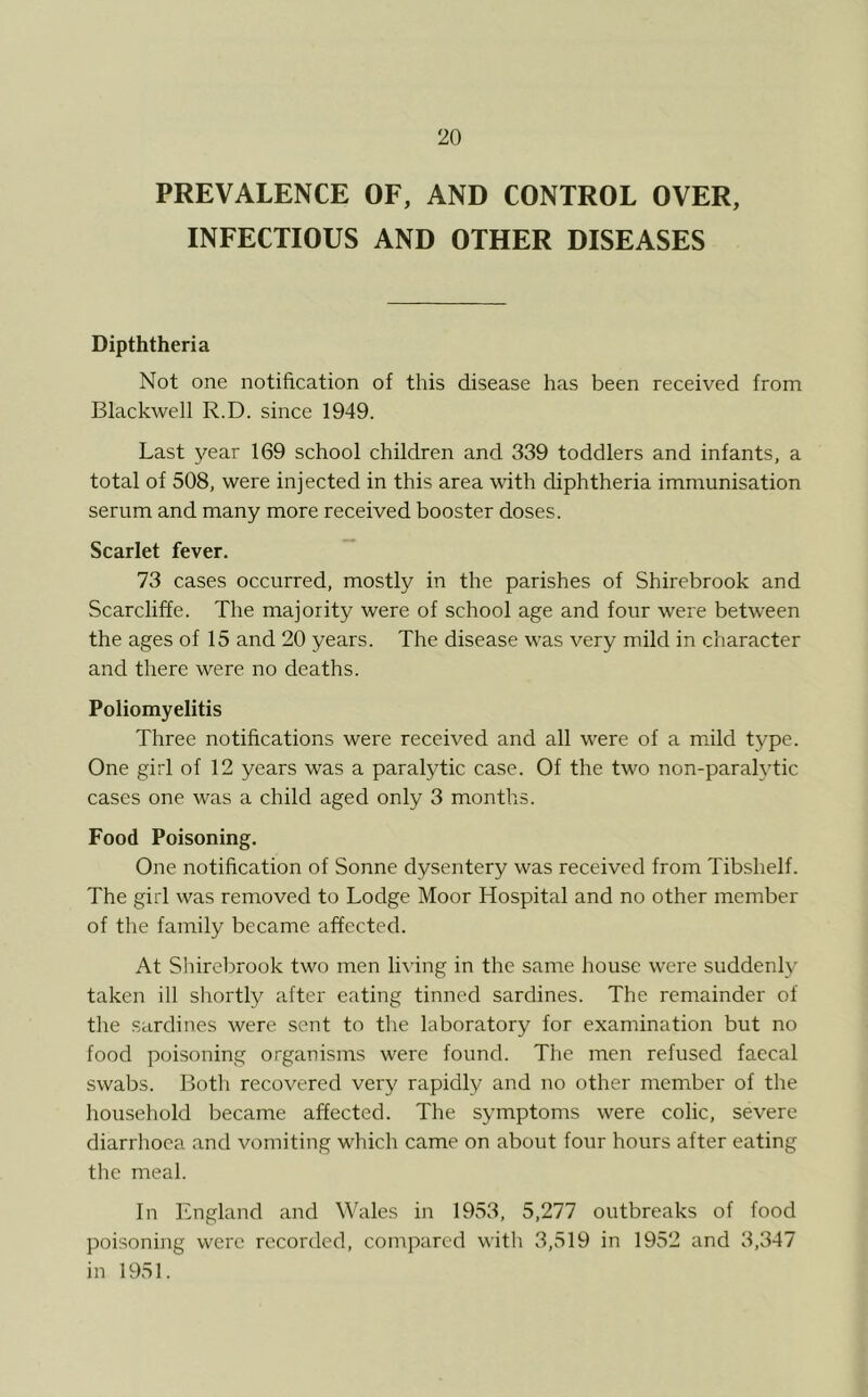 PREVALENCE OF, AND CONTROL OVER, INFECTIOUS AND OTHER DISEASES Dipththeria Not one notification of this disease has been received from Blackwell R.D. since 1949. Last year 169 school children and 339 toddlers and infants, a total of 508, were injected in this area with diphtheria immunisation serum and many more received booster doses. Scarlet fever. 73 cases occurred, mostly in the parishes of Shirebrook and Scarcliffe. The majority were of school age and four were between the ages of 15 and 20 years. The disease was very mild in character and there were no deaths. Poliomyelitis Three notifications were received and all were of a mild type. One girl of 12 years was a paralytic case. Of the two non-paralvtic cases one was a child aged only 3 months. Food Poisoning. One notification of Sonne dysentery was received from Tibshelf. The girl was removed to Lodge Moor Hospital and no other member of the family became affected. At Shirebrook two men living in the same house were suddenly taken ill shortly after eating tinned sardines. The remainder of the sardines were sent to the laboratory for examination but no food poisoning organisms were found. The men refused faecal swabs. Both recovered very rapidly and no other member of the household became affected. The symptoms were colic, severe diarrhoea and vomiting which came on about four hours after eating the meal. In England and Wales in 1953, 5,277 outbreaks of food poisoning were recorded, compared with 3,519 in 1952 and 3,347 in 1951.
