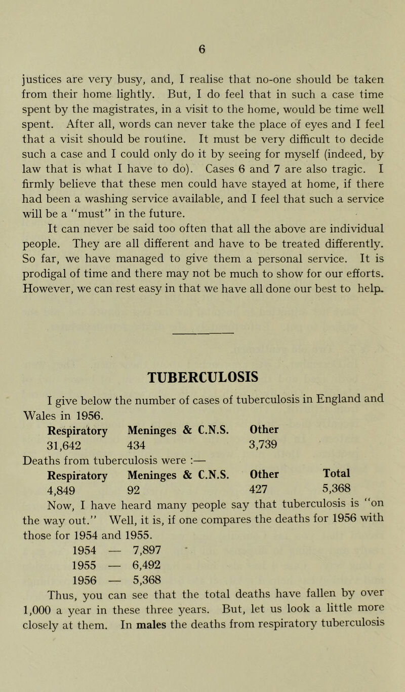 justices are very busy, and, I realise that no-one should be taken from their home lightly. But, I do feel that in such a case time spent by the magistrates, in a visit to the home, would be time well spent. After all, words can never take the place of eyes and I feel that a visit should be routine. It must be very difficult to decide such a case and I could only do it by seeing for myself (indeed, by law that is what I have to do). Cases 6 and 7 are also tragic. I firmly believe that these men could have stayed at home, if there had been a washing service available, and I feel that such a service will be a “must” in the future. It can never be said too often that all the above are individual people. They are all different and have to be treated differently. So far, we have managed to give them a personal service. It is prodigal of time and there may not be much to show for our efforts. However, we can rest easy in that we have all done our best to help. TUBERCULOSIS I give below the number of cases of tuberculosis in England and Wales in 1956. Respiratory Meninges & C.N.S. Other 31,642 434 3,739 Deaths from tuberculosis were :— Respiratory Meninges & C.N.S. Other Total 4,849 92 427 5,368 Now, I have heard many people say that tuberculosis is “on the way out.” Well, it is, if one compares the deaths for 1956 with those for 1954 and 1955. 1954 — 7,897 1955 — 6,492 1956 — 5,368 Thus, you can see that the total deaths have fallen by over 1,000 a year in these three years. But, let us look a little more closely at them. In males the deaths from respiratory tuberculosis