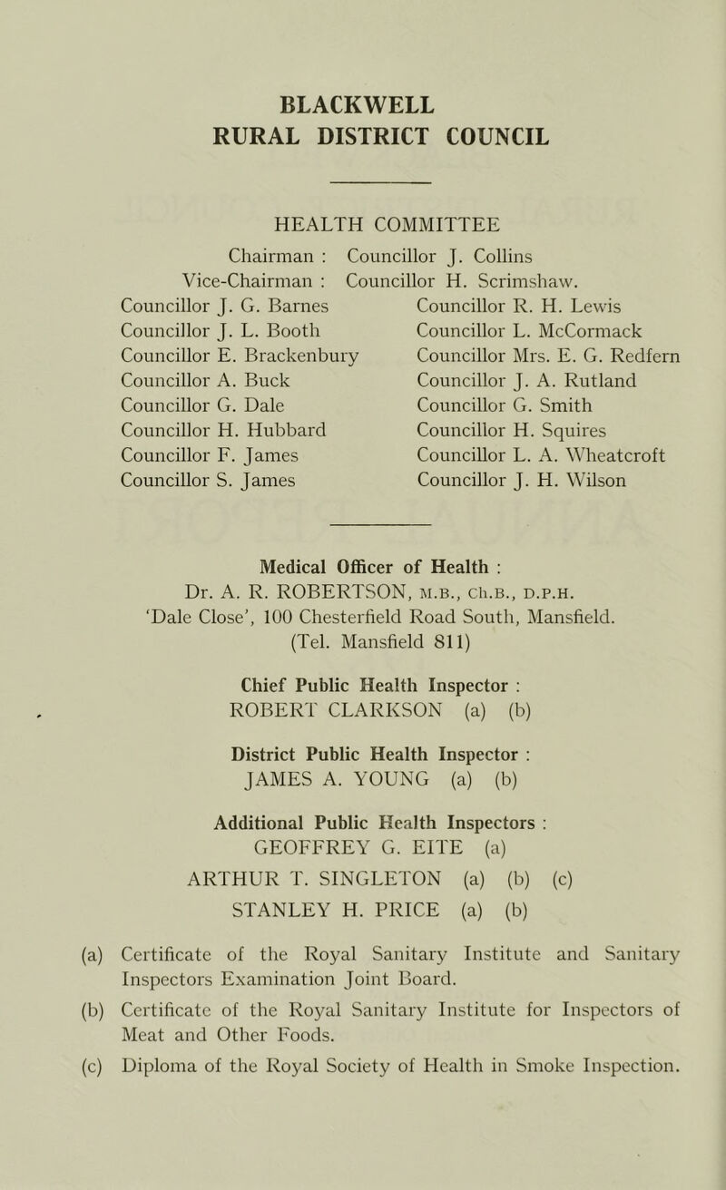 RURAL DISTRICT COUNCIL HEALTH COMMITTEE Chairman : Councillor J. Collins Vice-Chairman : Councillor H. Scrimshaw. Councillor J. G. Barnes Councillor J. L. Booth Councillor E. Brackenbury Councillor A. Buck Councillor G. Dale Councillor H. Hubbard Councillor F. James Councillor S. James Councillor R. H. Lewis Councillor L. McCormack Councillor Mrs. E. G. Redfern Councillor J. A. Rutland Councillor G. Smith Councillor H. Squires Councillor L. A. Wheatcroft Councillor J. H. Wilson Medical Officer of Health : Dr. A. R. ROBERTSON, m.b., ch.B., d.p.h. ‘Dale Close', 100 Chesterfield Road South, Mansfield. (Tel. Mansfield 811) Chief Public Health Inspector : ROBERT CLARKSON (a) (b) District Public Health Inspector : JAMES A. YOUNG (a) (b) Additional Public Health Inspectors : GEOFFREY G. EITE (a) ARTHUR T. SINGLETON (a) (b) (c) STANLEY H. PRICE (a) (b) (a) Certificate of the Royal Sanitary Institute and Sanitary Inspectors Examination Joint Board. (b) Certificate of the Royal Sanitary Institute for Inspectors of Meat and Other Foods. (c) Diploma of the Royal Society of Health in Smoke Inspection.