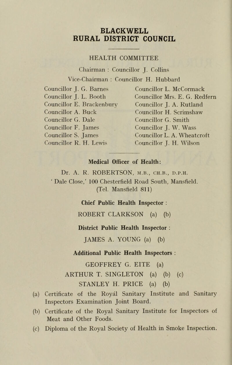 RURAL DISTRICT COUNCIL HEALTH COMMITTEE Chairman : Councillor J. Collins Vice-Chairman : Councillor H. Hubbard Councillor J. G. Barnes Councillor J. L. Booth Councillor E. Brackenbury Councillor L. McCormack Councillor Mrs. E. G. Redfern Councillor J. A. Rutland Councillor H. Scrimshaw Councillor G. Smith Councillor J. W. Wass Councillor L. A. Wheatcroft Councillor J. H. Wilson Councillor A. Buck Councillor G. Dale Councillor F. James Councillor S. James Councillor R. H. Lewis Medical Officer of Health: Dr. A. R. ROBERTSON, m.b., ch.b., d.p.h. ‘ Dale Close,’ 100 Chesterfield Road South, Mansfield. (Tel. Mansfield 811) Chief Public Health Inspector : ROBERT CLARKSON (a) (b) District Public Health Inspector : JAMES A. YOUNG (a) (b) Additional Public Health Inspectors ; GEOFFREY G. EITE (a) ARTHUR T. SINGLETON (a) (b) (c) STANLEY H. PRICE (a) (b) (a) Certificate of the Royal Sanitary Institute and Sanitary Inspectors Examination Joint Board. (b) Certificate of the Royal Sanitary Institute for Inspectors of Meat and Other Foods. (c) Diploma of the Royal Society of Health in Smoke Inspection.