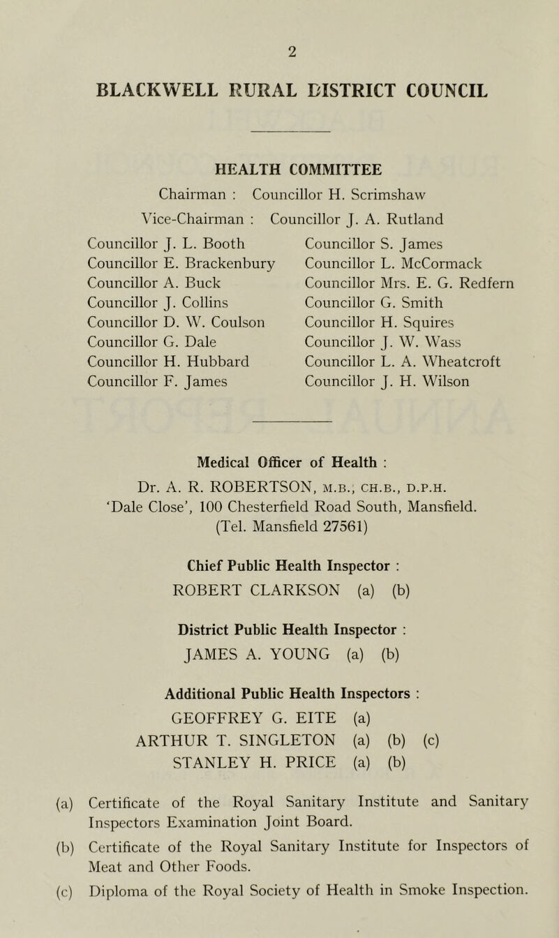 BLACKWELL RURAL DISTRICT COUNCIL HEALTH COMMITTEE Chairman : Councillor H. Scrimshaw Vice-Chairman : Councillor J. A. Rutland Councillor J. L. Booth Councillor E. Brackenbury Councillor A. Buck Councillor J. Collins Councillor D. W. Coulson Councillor G. Dale Councillor H. Hubbard Councillor F. James Councillor S. James Councillor L. McCormack Councillor Mrs. E. G. Redfern Councillor G. Smith Councillor H. Squires Councillor J. W. Wass Councillor L. A. Wheatcroft Councillor J. H. Wilson Medical Officer of Health : Dr. A. R. ROBERTSON, m.b., ch.b., d.p.h. ‘Dale Close’, 100 Chesterfield Road South, Mansfield. (Tel. Mansfield 27561) Chief Public Health Inspector : ROBERT CLARKSON (a) (b) District Public Health Inspector : JAMES A. YOUNG (a) (b) Additional Public Health Inspectors : GEOFFREY G. EITE (a) ARTHUR T. SINGLETON (a) (b) (c) STANLEY H. PRICE (a) (b) (a) Certificate of the Royal Sanitary Institute and Sanitary Inspectors Examination Joint Board. (b) Certificate of the Royal Sanitary Institute for Inspectors of Meat and Other Foods. (c) Diploma of the Royal Society of Health in Smoke Inspection.