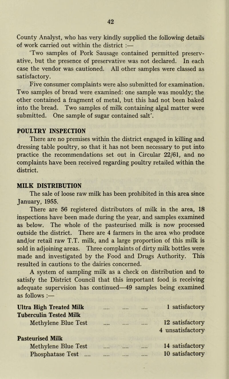 County Analyst, who has very kindly supplied the following details of work carried out within the district :— ‘Two samples of Pork Sausage contained permitted preserv- ative, but the presence of preservative was not declared. In each case the vendor was cautioned. All other samples were classed as satisfactory. Five consumer complaints were also submitted for examination. Two samples of bread were examined: one sample was mouldy; the other contained a fragment of metal, but this had not been baked into the bread. Two samples of milk containing algal matter were submitted. One sample of sugar contained salt'. POULTRY INSPECTION There are no premises within the district engaged in killing and dressing table poultry, so that it has not been necessary to put into practice the recommendations set out in Circular 22/61, and no complaints have been received regarding poultry retailed within the district. MILK DISTRIBUTION The sale of loose raw milk has been prohibited in this area since January, 1955. There are 56 registered distributors of milk in the area, 18 inspections have been made during the year, and samples examined as below. The whole of the pasteurised milk is now processed outside the district. There are 4 farmers in the area who produce and/or retail raw T.T. milk, and a large proportion of this milk is sold in adjoining areas. Three complaints of dirty milk bottles were made and investigated by the Food and Drugs Authority. This resulted in cautions to the dairies concerned. A system of sampling milk as a check on distribution and to satisfy the District Council that this important food is receiving adequate supervision has continued—49 samples being examined as follows :— Ultra High Treated Milk 1 satisfactory Tuberculin Tested Milk Methylene Blue Test 12 satisfactory 4 unsatisfactory Pasteurised Milk Methylene Blue Test Phosphatase Test .. 14 satisfactory 10 satisfactory