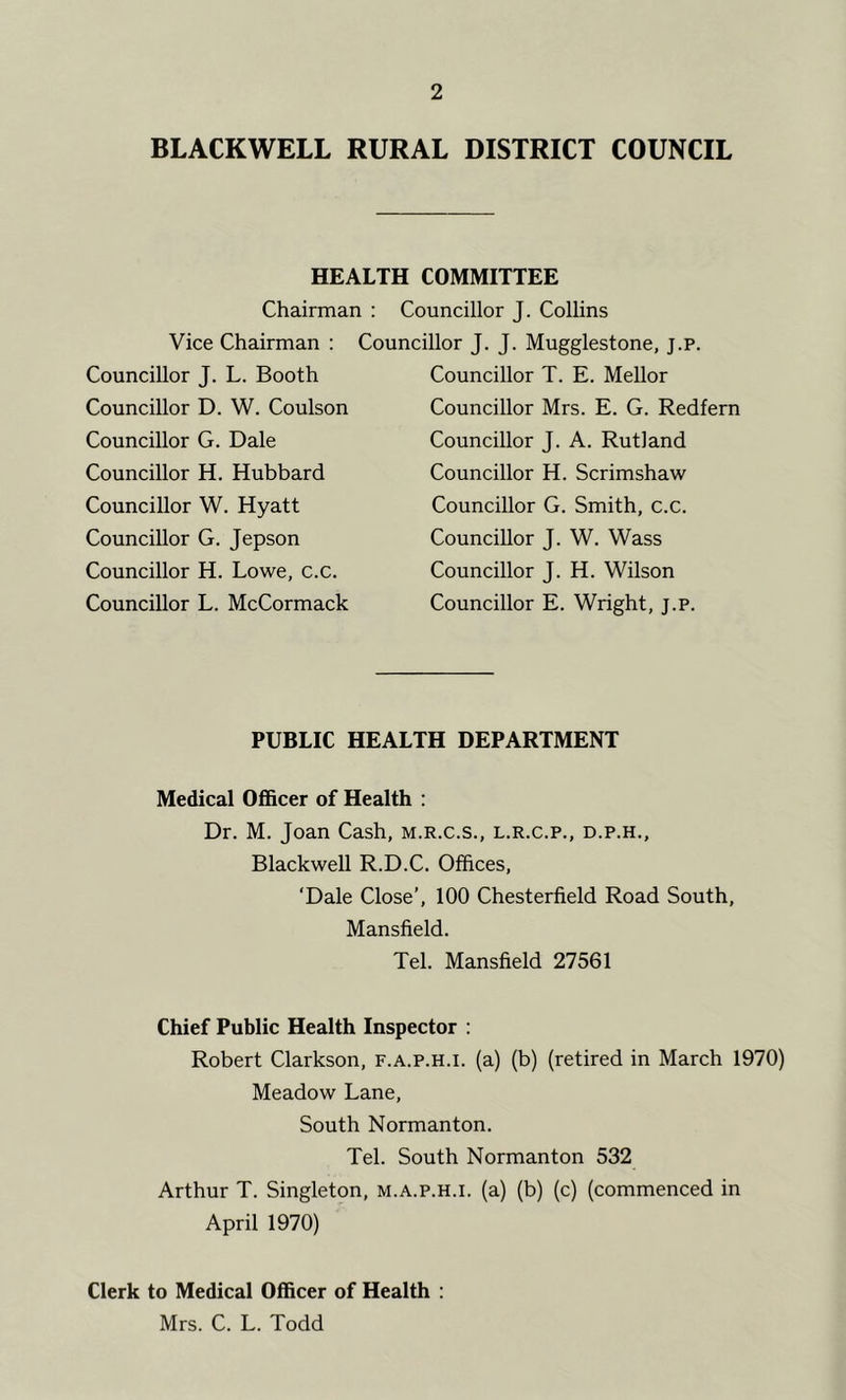 BLACKWELL RURAL DISTRICT COUNCIL HEALTH COMMITTEE Chairman : Councillor J. Collins Vice Chairman : Councillor J. J. Mugglestone, j.p. Councillor J. L. Booth Councillor D. W. Coulson Councillor G. Dale Councillor H. Hubbard Councillor W. Hyatt Councillor G. Jepson Councillor H. Lowe, c.c. Councillor L. McCormack Councillor T. E. Mellor Councillor Mrs. E. G. Redfern Councillor J. A. Rutland Councillor H. Scrimshaw Councillor G. Smith, c.c. Councillor J. W. Wass Councillor J. H. Wilson Councillor E. Wright, j.p. PUBLIC HEALTH DEPARTMENT Medical Ofi&cer of Health : Dr. M. Joan Cash, m.r.c.s., l.r.c.p., d.p.h., Blackwell R.D.C. Offices, 'Dale Close’, 100 Chesterfield Road South, Mansfield. Tel. Mansfield 27561 Chief Public Health Inspector : Robert Clarkson, f.a.p.h.i. (a) (b) (retired in March 1970) Meadow Lane, South Normanton. Tel. South Normanton 532 Arthur T. Singleton, m.a.p.h.i. (a) (b) (c) (commenced in April 1970) Clerk to Medical Officer of Health : Mrs. C. L. Todd