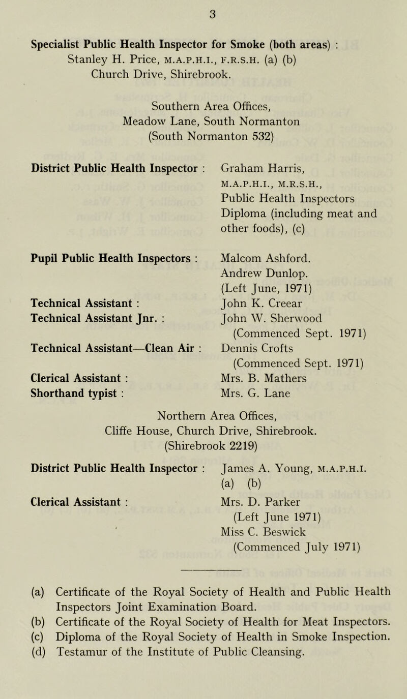 Specialist Public Health Inspector for Smoke (both areas) : Stanley H. Price, m.a.p.h.i., f.r.s.h. (a) (b) Church Drive, Shirebrook. Southern Area Offices, Meadow Lane, South Normanton (South Normanton 532) District Public Health Inspector : Graham Harris, M.A.P.H.I., M.R.S.H., Public Health Inspectors Diploma (including meat and other foods), (c) Pupil Public Health Inspectors : Technical Assistant : Technical Assistant Jnr. : Technical Assistant—Clean Air : Clerical Assistant : Shorthand typist : Malcom Ashford. Andrew Dunlop. (Left June, 1971) John K. Creear John W. Sherwood (Commenced Sept. 1971) Dennis Crofts (Commenced Sept. 1971) Mrs. B. Mathers Mrs. G. Lane Northern Area Offices, Cliffe House, Church Drive, Shirebrook. (Shirebrook 2219) District Public Health Inspector : Clerical Assistant : James A. Young, m.a.p.h.i. (a) (b) Mrs. D. Parker (Left June 1971) Miss C. Beswick (Commenced July 1971) (a) Certificate of the Royal Society of Health and Public Health Inspectors Joint Examination Board. (b) Certificate of the Royal Society of Health for Meat Inspectors. (c) Diploma of the Royal Society of Health in Smoke Inspection. (d) Testamur of the Institute of Public Cleansing.