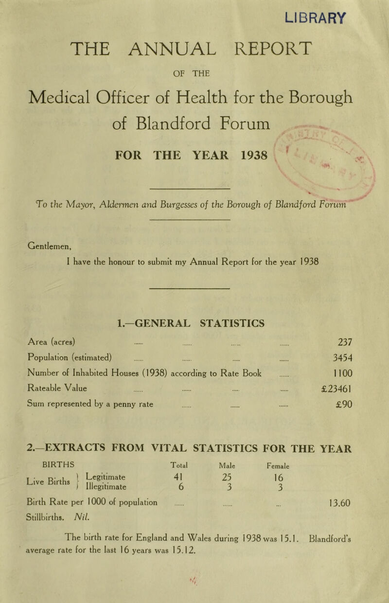 LIBRARY THE ANNUAL REPORT OF THE Medical Officer of Health for the Borough of Blandford Forum FOR THE YEAR 1938 To the Mayor, Aldermen and Burgesses of the Borough of Blandford Forum Gentlemen, I have the honour to submit my Annual Report for the year 1938 1—GENERAL STATISTICS Area (acres) 237 Population (estimated) 3454 Number of Inhabited Houses (1938) according to Rate Book 1 100 Rateable Value £23461 Sum represented by a penny rate £90 2.-EXTRACTS FROM VITAL STATISTICS FOR THE YEAR BIRTHS Total Male Female Live Births '• 41 25 16 1 Illegitimate 6 3 3 Birth Rate per 1000 of population Stillbirths. Nil. The birth rate for England and Wales during 1938 was 15.1. Blandford’s average rate for the last 16 years was 15.12.