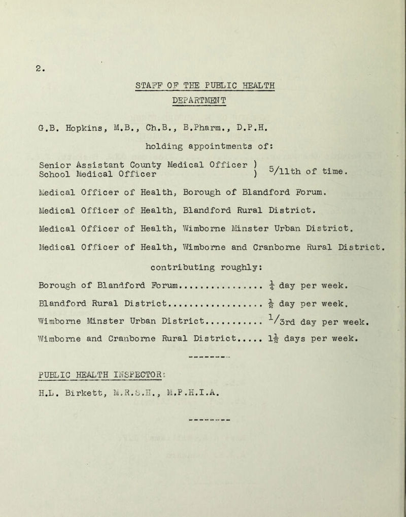 STAFF OF TEE PUBLIC HEALTH DEPARTMENT G.B. Hopkins, M.B,, Ch.B., B.Pharra., D.P.H, holding appointments ofs Senior Assistant County Medical Officer ) =/ School Medical Officer ) /11th of time. Medical Officer of Health, Borough of Blandford Forum. Medical Officer of Health, Blandford Rural District. Medical Officer of Health, ¥i[imbome Minster Urban District. Medical Officer of Health, V^irabome and Cranbome Rural District, contributing roughly: Borough of Blandford Forum ^ day per week. Blandford Rural District % day per week. Wimbome Mnster Urban District ^/srd day per week, Vifimbome and Cranbome Rural District 1^ days per week. PUBLIC HEALTH INSPECTOR: H.L, Birkett, M.R.L.II,, M.P.K.I.A.