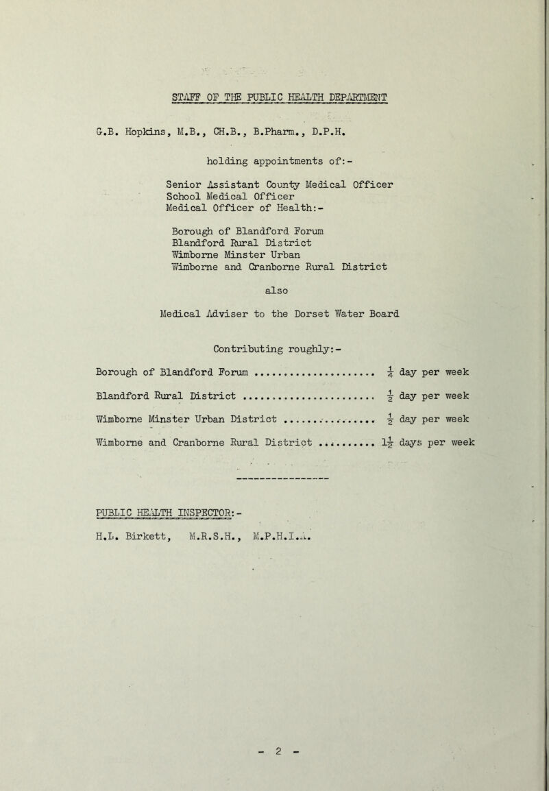STiier OP THE PUBLIC HEALTH DEPiiPTlvIENT G-.B. Hopkins, M.B., CH.B., B.Pharm,, D.P.H, holding appointments of:- Senior Assistant County Medical Officer School Medical Officer Medical Officer of Health Borough of Blandford Forum Blandford Rural District Wimbome Minster Urban VYimbome and Cranbome Rural District also Medical Adviser to the Dorset Yfater Board Contributing roughly:- Borough of Blandford Forum ^ day per week Blandford Rural District ^ day per week Wimbome Minster Urban District -g- day per week Wimbome and Cranborne Rural District l^- days per week PUBLIC HE:H;TH INSPECTOR: - H.L. Birkett, M.R.S.H., M.P.H.I.A.