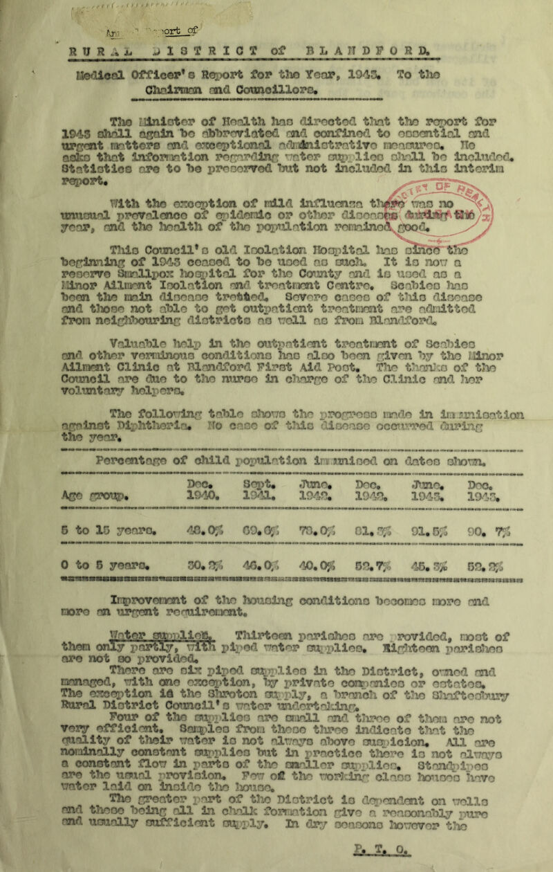 1 ' to' ' ~'~ ~>orfa of RTJR.;j^ lilSTRICT Of BLAnPFQRD, Meflieal Officeap’s Re^joapt for tho Year, 1943. To tlio Chcilrmon ond CoTanoilloro. Tlxo illnloter of Hocslth hao dlreotod tliat tho report for 194S shall QGQln bo abbreviated and confined to ODoantlol and nrf^ent matters and e.'^eptionnl a,dii4inlotrntlvG nennnroo. 7To QSko that inforf'antlon renardlnn tratcr cnjjjplloo ohall be InolndecU Statistics nro to bo prenorved Ijut not included In this interim report. With the e?t:ooption of mild influcnsa t imwcmal provalonoo of epidemic or ot5ier diooao year, and the liealth of the popjTsiation remain©' This Council’D old Ifxalation IlOqpitol hao oi becrinnlny of 1045 coaoed to bo used ao ouoho It io non roGorvo Smallpo:: hoGi)it.al for the County and io uood ao a Minor Ailment Isolation and treatment Centro. Scabieo )iqo boon the min dlDoaoo trotted. Severe oaoeo of tMo dlnoaoe and t3iooe not able to get outpatient treatment are admitted from nolch»3ourlnc diatrlcto ao noli ao froEi Bl.andford. Valuable help in the outpatient treatment of Scabieo esnd other verralnouo conditions liao aloo been rrlven by tho ilinor Ailment Clinic at Blan<1ford First Aid Foot. The thanJ^o of the Council are duo to tho nuroo in cJiarnc of tlie Clinic and Iier voluntary helpero. Tho follorrlny table ohouo the pronreoo made in Im mioation aealnst blphtherla. Ho case of tliio diooaoo occurred during tho year. Percentaf50 of child i>opulatlon im uniood on dates oIvDtTn. Dec. sept. »Tnno. Doe. ♦Tune. Doc. ACT) 1940. ifva. 1949. 1949. 1045. ia^.5. 5 to 15 years. 40.0;^. Go.o^; 70. a/a 01. 5/ 91.5/ 90. 7/ 0 to 5 years. 50. rxi 4G* 0/.'» 40.0^> 59.7/ 45. 5/ 09. SJS Inprovoment of the houolnc conditions becomes moro and moro an uryent reeulroaent. gator ^•ri.>ilett- Tlilrtoen parishes arc ^ rovidod, moot of them only partly, ulth piped rrater suiplleo, Slnh-teen porisSieo are not so provided. There are oLy piped oup2>lieo in the District, ounod and menaced, TTlth ono e3Soei)tion, by private con?ianloo or estates* The e.^ce!):)tlon ifl the Shroton ota^ply, a branch of tho SIiaftooTxiry Rural District CoTmcil’ o uator undcrtalilnc. Pour of the oui)pllo0 are small and throo of them are not very efficient. Sor^aos frora theoo tliroe indicate that tJio mallty of tholr uater is not alr;ayo a33ovo oucjjicion. All aro nominally constant oupplloo but in x'ractlco there is not olnayo a constant florr in parts of the cnnller supplies. Stamlelpeo are the usual 2'-roviolon. Fan oC tho TTorhlur class houses havo uator laid on inside the toaoe* The cs*©ater part of tho District is dei:)endent on uells and theoo bolnc all in challc formation clve a reasonably x>uro and usually sufficient siA.)ply» ]&i dry soasono liorrcver tlio