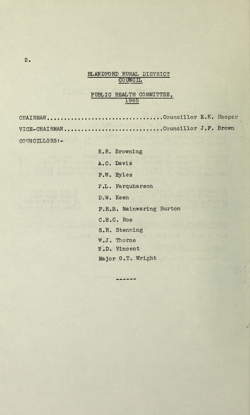 BLMDFORD RURAL DISTRICT COIMCIL PUBLIC HEALTH COMMITTEE, 1^65 CHAIRMAN Councillor E. VICE-CHAIRMAN Councillor J. COTJNCILLORS;- K.R. Browning A.C. Davis F.W. Eyles P.L. Farquharson D.Vtf. Keen F.H.B. Mainwaring Burton C.B.C. Roe S.R. Stenning W.J. Thome N.D, Vincent Major G.T. Wright K. Hooper F. Brown