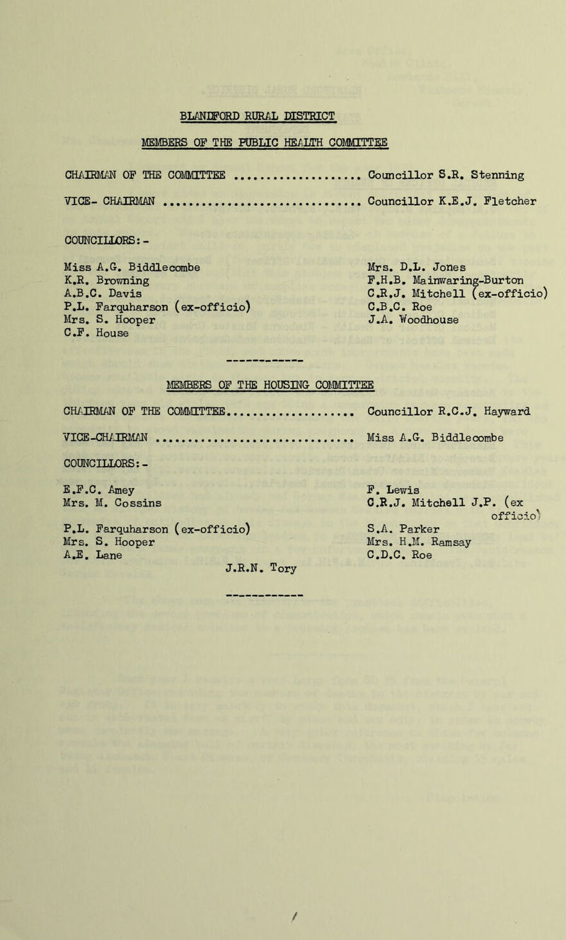 MEMBERS OF THE PUBLIC HKAI/TH COMMITTEE CHAIRMM OP THE COMMITTEE Councillor S.R. Stenning VICE- CHAIRMAN Councillor K.E.J. Fletcher COUNCILLORS:- Miss A.G, Biddlecombe K.R. Browning A.B.C, Davis P.L, Parquharson (ex-officio) Mrs, S. Hooper C.P, House Mrs, D,L, Jones P,H,B, Mainwaring-Burton CJl,J, Mitchell (ex-officio) C,B,C, Roe J.A, ¥oodhouse MEMBERS OF THE HOUSING COMMITTEE CH/JRM/U OP THE COmOTTEE VIGB-CHAimiAN COUNCILLORS:- E,P,C, Aioiey Mrs, M. Cossins P,L. Parquharson (ex-officio) Mrs. S, Hooper A,E, Lane J.R.N, Tory Councillor R.C.J, Hayward Miss A,G, Biddlecombe P, Lewis O.R,J, Mitchell J,P. (ex officio) S,A. Parker Mrs, H,M. Ramsay C,D,C, Roe /