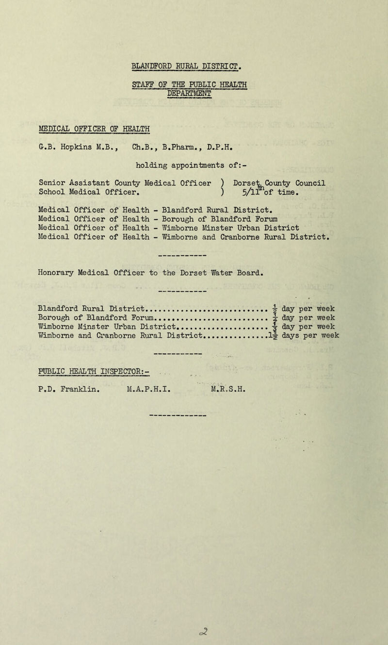 STAFF OF THE PUBLIC HEALTH DEPARTMENT MEDICAL OFFICER OF HEALTH G-.B. Hopkins M.B., Ch.B,, B.Pharm., D.P.H, holding appointments of:- Senior Assistant County Medical Officer ) DorsetyCounty Council School Medical Officer, ) 5/lI^of time. Medical Officer of Health - Blandford Rural District. Medical Officer of Health - Borough of Blandford Forum Medical Officer of Health - Wimborne Minster Urban District Medical Officer of Health - Wimborne and Cranborne Rural District, Honorary Medical Officer to the Dorset Water Board. Blandford Rural District j day per week Borough of Blandford Forum day per week Wimborne Minster Urban District ^ day per week Wimborne and Cranborne R\iral District 1^ days per week PUBLIC HEi^TH INSPECTOR:- M.R.S.H. P.D. Franklin M.A.P.H.I