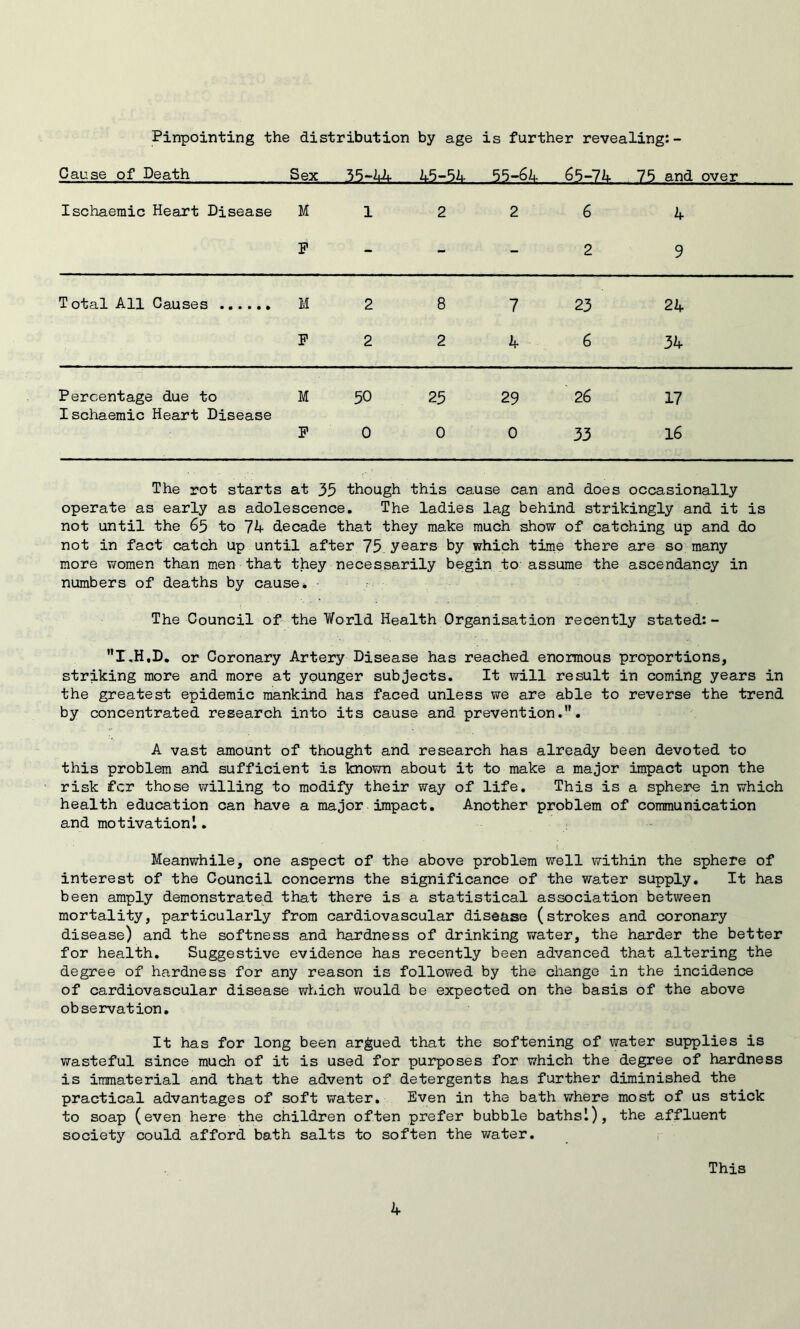Pinpointing the distribution by age is further revealing:- Cause of Death Sex 35-44 45-54. 55-S.4 _ .55-74 75 and over Ischaemic Heart Disease M 1 2 2 6 4 P - - - 2 9 Total All Causes M 2 8 7 23 24 P 2 2 4 6 34 Percentage due to M 50 25 29 26 17 Ischaemic Heart Disease P 0 0 0 33 16 The rot starts at 35 though this cause can and does occasionally operate as early as adolescence. The ladies lag behind strikingly and it is not until the 65 to Ik decade that they make much show of catching up and do not in fact catch up until after 75. years by which time there are so many more women than men that they necessarily begin to assume the ascendancy in numbers of deaths by cause. ■ ^ The Council of the World Health Organisation recently stated:- I.H.D. or Coronary Artery Disease has reached enormous proportions, striking more and more at younger subjects. It will result in coming years in the greatest epidemic mankind has faced unless we are able to reverse the trend by concentrated research into its cause and prevention.”. A vast amount of thought and research has already been devoted to this problem and sufficient is known about it to make a major impact upon the risk for those willing to modify their way of life. This is a sphere in which health education can have a major impact. Another problem of communication and motivation'.. Meanwhile, one aspect of the above problem well within the sphere of interest of the Council concerns the significance of the water supply. It has been amply demonstrated that there is a statistical association between mortality, particularly from cardiovascular disease (strokes and coronary disease) and the softness and hardness of drinking water, the harder the better for health. Suggestive evidence has recently been advanced that altering the degree of hardness for any reason is follovired by the change in the incidence of cardiovascular disease which v/ould be expected on the basis of the above observation. It has for long been argued that the softening of water supplies is wasteful since much of it is used for purposes for which the degree of hardness is immaterial and that the advent of detergents has further diminished the practical advantages of soft water, Sven in the bath v/here most of us stick to soap (even here the children often prefer bubble bathsl), the affluent society could afford bath salts to soften the v/ater. This k