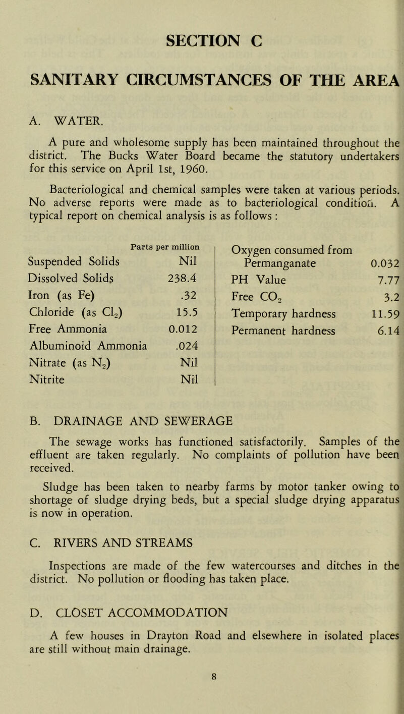 SANITARY CIRCUMSTANCES OF THE AREA A. WATER. A pure and wholesome supply has been maintained throughout the district. The Bucks Water Board became the statutory undertakers for this service on April 1st, I960. Bacteriological and chemical samples were taken at various periods. No adverse reports were made as to bacteriological condition. A typical report on chemical analysis is as follows: Parts per million Oxygen consumed from Suspended Solids Nil Permanganate 0.032 Dissolved Solids 238.4 PH Value 7.77 Iron (as Fe) .32 Free CO, 3.2 Chloride (as Cl,) 15.5 Temporary hardness 11.59 Free Ammonia 0.012 Permanent hardness 6.14 Albuminoid Ammonia .024 Nitrate (as N,) Nil Nitrite Nil B. DRAINAGE AND SEWERAGE The sewage works has functioned satisfactorily. Samples of the effluent are taken regularly. No complaints of pollution have been received. Sludge has been taken to nearby farms by motor tanker owing to shortage of sludge drying beds, but a special sludge drying apparatus is now in operation. C. RIVERS AND STREAMS Inspections are made of the few watercourses and ditches in the district. No pollution or flooding has taken place. D. CLOSET ACCOMMODATION A few houses in Drayton Road and elsewhere in isolated places are still without main drainage.