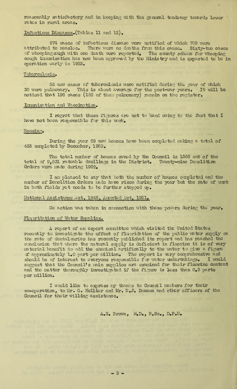 reasonably satisfactory and in keeping vdth the general tondonc3^ tovards lower rates in rural areas. Infectious Diseases,(Tables 11 and 12), 974 cases of infectious disease wore notified of which 709 were attributed to measles. There wore no daaths from this cause. Sixty-two cases of whoopingcDUgh v;ith one death wore reported. The county scheme for whooping cough immunisation has novi/ been appro-ved by the Ministry and is expected to bo in operation early in 1953, T uborculosis, 38 nav cases of tuboroulosis were notified during the year of v4iich 30 wore pulmonary. This is about average for the post-war years. It will bo noticed that 196 cases (l52 of them pulmonary) rema.in on the register, Iixiunisation and Vaccination, I regret that these figures are not to Imnd o\r/ing to the feet tliat I have not been responsible for tlriis work. Housing, During the year 69 nov/ houses have boon completed mld.ng a total of 463 corplotod by December, 1952, The total number of houses owned by the Council is 1366 out of the total of 9,831 rateable dwellings in the District, Twenty-nine Demolition Orders v/oro made during 1952, I am pleased to say that both the number of houses caipletod and. the number of Demolition Orders made have risen during the year but the rate of v/ork in both fields yet needs to bo further stopped up. National Assistance Met, 1948, kniended Act, 1951, No action v;as taken in connection 'With those pov/ors during the year. Fluoridation of Tfator Supplies, A report of an export cor.mittoo which visited tlic United States recently to invostir^to the effect of fluoridation of the public Vi/atcr supply on the rate of dental caries lias recently published its report and has reached the conclusion that whore the natural supply is deficient in fluorine it is of very material benefit to ad.d the chemical artifically to the water to give a figure of approximately 1,0 part per million* The report is very conprohonsivo and should bo of interest to everyone responsible f or water undertakings, I would sufpgost that the Council’s main supi^lics are examined for tlioir fluordno content and the matter thoroughly investigated if the figure is less than 0,5 parts per million, I would lilce to express my thanks to Council members for their co-operation, to Mr, G, Hollier and Mr, B,J, Dawson and other officers of the Council for their willing assistance. A,E, Brown, M,D,, B,Sc,, D,P,H,