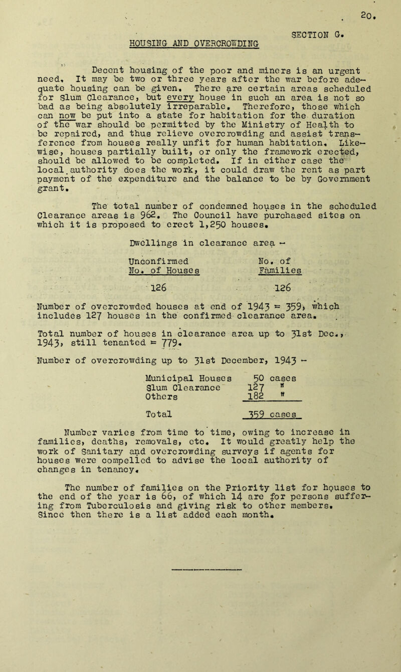 HOUSING AND OVERCRQWDING SECTION G. Decent housing of the poor and miners is an urgent need. It may be two or three years after the war before ade- quate housing can be given. There are certain areas scheduled for Slum Clearance, but every house in such an area is not so bad as being absolutely irreparable. Therefore, those which can now be put into a state for habitation for the duration of the war should be permitted by the Ministry of Health to be repaired, and thus relieve overcrowding and assist trans- ference from houses really unfit for human habitation. Like- wise, houses partially built, or only the framework erected, should be allowed to be completed. If in either case the local.authority does the work, it could draw the rent as part payment of the expenditure and the balance to be by Government grant. The total number of condemned houses in the scheduled Clearance areas is 962, The Council have purchased sites on which it is proposed to erect 1,250 houses. Dwellings in clearance area - Unconfirmed No, of No, of Houses Families 126 126 Number of overcrowded houses at end of 1943 ~ 359) which includes 127 houses in the confirmed clearance area. Total number of houses in clearance area up to 31st Dec,, 1943, still tenanted *= 779* Number of overcrowding up to 31st December, 1943 Municipal Houses Slum Clearance Others 50 cases 127 « 182 » Total 359 cases Number varies from time to time, owing to increase in families, deaths, removals, etc. It would greatly help the work of Sanitary and overcrowding surveys if agents for houses were compelled to advise the local authority of changes in tenancy. The number of families on the Priority list for hquses to the end of the year is 66, of which 14 are for persons suffe2>- ing from Tuberculosis and giving risk to other members. Since then there is a list added each month.
