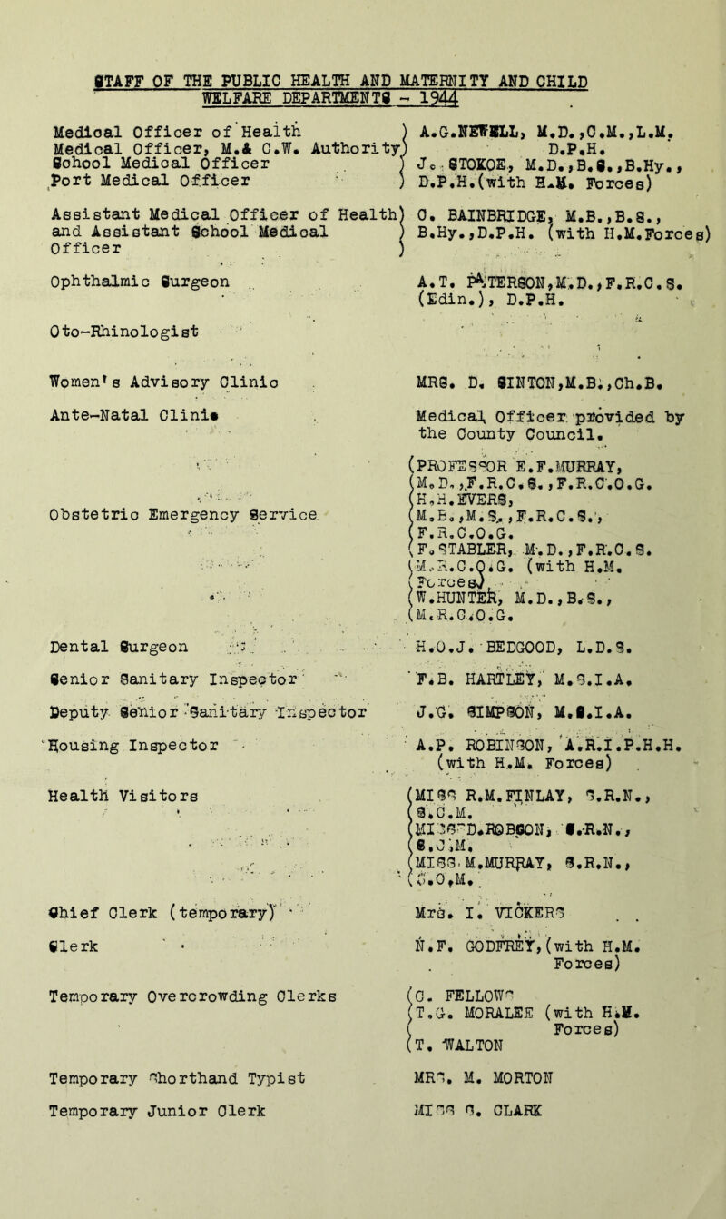 staff of the public health and matemity ahd child WELFARE DEPARTMEKTg - 1944 Medical Officer of Health Medical Officer, M.A G*W« Authority School Medical Officer ' Port Medical Officer , Assistant Medical Officer of Health] and Assistant School Medical . Officer ' Ophthalmic Surgeon 0to-Rhinologi8t Women^8 Advisory Clinic Ante-Natal Clini# .-i Obstetric Emergency gervice. Dental Surgeon Senior Sanitary Inspector' Deputy Senior '■’gariitary inspector ^'Housing Inspector -• Health Visitors \ . /• . Shief Clerk (temporary)'' ' '■ Slerk Temporary Overcrowding Clerks Temporary shorthand Typist Temporary Junior Clerk A. G.NEWSLL, M«D«>0,M.,L.M. D.P.H, Jc:8T0K0E., M.D.,B.S,,B,Hy., D.P.R,(with Forces) 0. BAINBRIDGE, M.B,,B.8., B, Hy.,D,P,H, (with H.M,Forces) A*T. f4;ter8on,m;,d,*f,r,c,s, (Edin.)j D.P.H. MRS. D, 8INTGN,M,B;,Ch.B, Medical Officer provided by the County Council, (PROFES^R E.F.MURRAY, iMoDx )F«R«C,S« ,F*R*C«0«G« K,H. EVERS, M,B<, jM.S;. ,F,R,C.S.', F.H.C,0,G. F. STABLER,. .M-. D., F.R.C. S. (M.R.C.OiC. (with H,M, V ForoesJ, • (W.HUNTER, M.D. ,(m,r.g.,o,g. H,0,J.-BEDCXJOD, L.D.S. F.B. HARTLEY,' M,S.I,A, J.G. SIMPSOli, M,S,I.A, A.P, RDBINSON,'A.R.I.P.H.H, (with Forces) iMISS R.M.FINUY, S.R.N., S*C,M. MI'.^CFD,ROBpON, ■•.'R,N,, 6 • CM t MISS.M.MURRAY, S.R.N., cr.o'tM,; Mrd, I.VICKERg N.F. GODFREY,(with H.M. Forces) (O. FELLOWn (T,G. MORALEE (with HiH. ( Forces) (T, IfALTON MRt, M. MORTON Mice e. CLARK