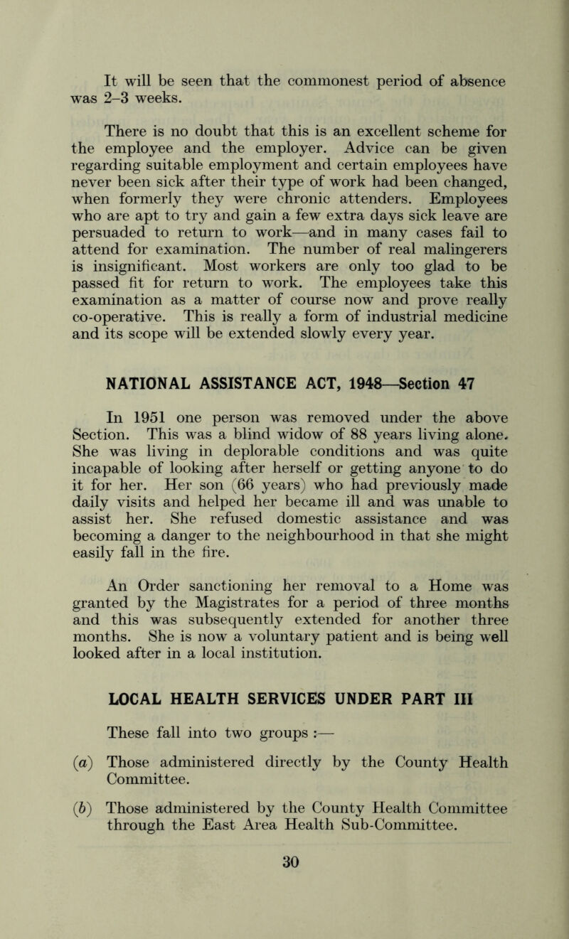 It will be seen that the commonest period of absence was 2-3 weeks. There is no doubt that this is an excellent scheme for the employee and the employer. Advice can be given regarding suitable employment and certain employees have never been sick after their type of work had been changed, when formerly they were chronic attenders. Employees who are apt to try and gain a few extra days sick leave are persuaded to return to work—and in many cases fail to attend for examination. The number of real malingerers is insignificant. Most workers are only too glad to be passed fit for return to work. The employees take this examination as a matter of course now and prove really co-operative. This is really a form of industrial medicine and its scope will be extended slowly every year. NATIONAL ASSISTANCE ACT, 1948—Section 47 In 1951 one person was removed under the above Section. This was a blind widow of 88 years living alone^ She was living in deplorable conditions and was quite incapable of looking after herself or getting anyone'to do it for her. Her son (66 years) who had previously made daily visits and helped her became ill and was unable to assist her. She refused domestic assistance and was becoming a danger to the neighbourhood in that she might easily fall in the fire. An Order sanctioning her removal to a Home was granted by the Magistrates for a period of three months and this was subsequently extended for another three months. She is now a voluntary patient and is being well looked after in a local institution. LOCAL HEALTH SERVICES UNDER PART III These fall into two groups :— (a) Those administered directly by the County Health Committee. (h) Those administered by the County Health Committee through the East Area Health Sub-Committee.