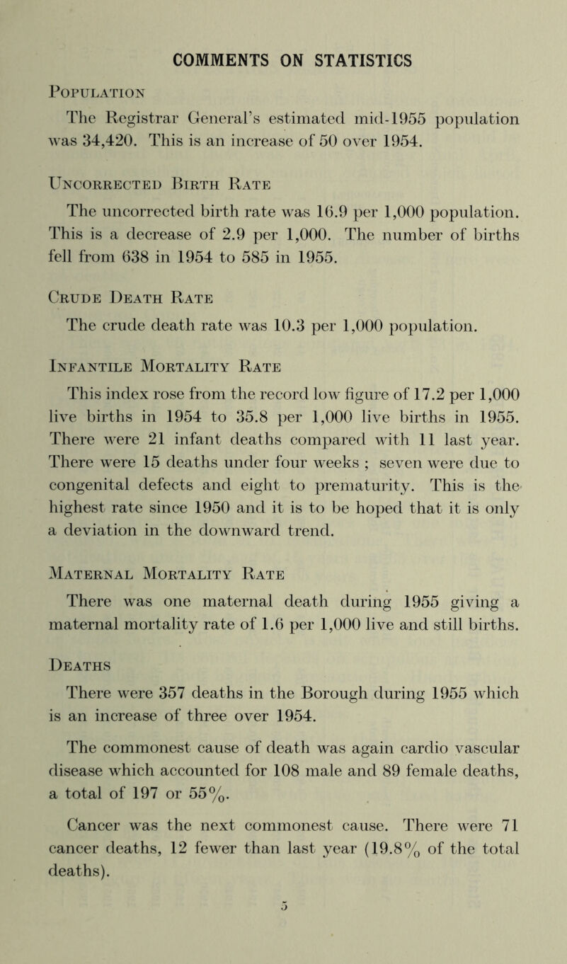 COMMENTS ON STATISTICS Population The Registrar General’s estimated mid-1955 population was 34,420. This is an increase of 50 over 1954. Uncorrected Birth Rate The uncorrected birth rate was 10.9 per 1,000 population. This is a decrease of 2.9 per 1,000. The number of births fell from 038 in 1954 to 585 in 1955. Crude Death Rate The crude death rate was 10.3 per 1,000 population. Infantile Mortality Rate This index rose from the record low figure of 17.2 per 1,000 live births in 1954 to 35.8 per 1,000 live births in 1955. There were 21 infant deaths compared with 11 last year. There were 15 deaths under four weeks ; seven were due to congenital defects and eight to prematurity. This is the* highest rate since 1950 and it is to be hoped that it is only a deviation in the downward trend. Maternal Mortality Rate There was one maternal death during 1955 giving a maternal mortality rate of 1.6 per 1,000 live and still births. Deaths There were 357 deaths in the Borough during 1955 which is an increase of three over 1954. The commonest cause of death was again cardio vascular disease which accounted for 108 male and 89 female deaths, a total of 197 or 55%. Cancer was the next commonest cause. There were 71 cancer deaths, 12 fewer than last year (19.8% of the total deaths).