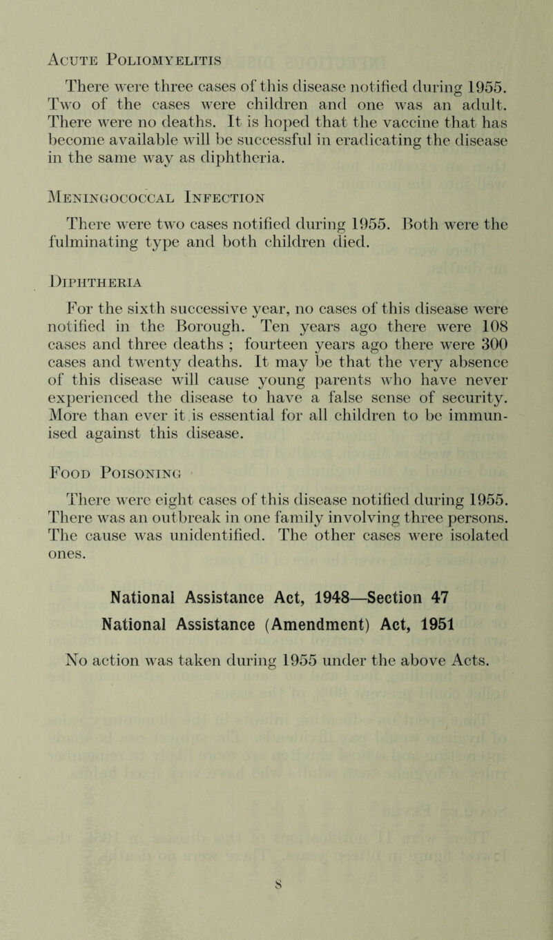 Acute Poliomyelitis There were three cases of this disease notified during 1955. Two of the cases were children and one was an adult. There were no deaths. It is hoped that the vaccine that has become available will be successful in eradicating the disease in the same way as diphtheria. Meningococcal Infection There were two cases notified during 1955. Both were the fulminating type and both children died. Diphtheria For the sixth successive year, no cases of this disease were notified in the Borough. Ten years ago there were 108 cases and three deaths ; fourteen years ago there were 300 cases and twenty deaths. It may lie that the very absence of this disease will cause young parents who have never experienced the disease to have a false sense of security. More than ever it is essential for all children to be immun- ised against this disease. Food Poisoning • There were eight cases of this disease notified during 1955. There was an outbreak in one family involving three persons. The cause was unidentified. The other cases were isolated ones. National Assistance Act, 1948—Section 47 National Assistance (Amendment) Act, 1951 No action Avas taken during 1955 under the above Acts.
