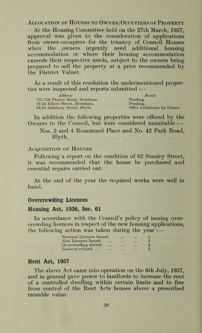 Allocation of Houses to Owner/Occupiers of Property At the Housing Committee held on the 27th March, 1957, approval was given to the consideration of applications from owner-occupiers for the tenancy of Council Houses when the owners urgently need additional housing accommodation or where their housing accommodation exceeds their respective needs, subject to the owners being prepared to sell the property at a price recommended by the District Valuer. As a result of this resolution the undermentioned proper- ties were inspected and reports submitted :— Address Result 757/759 Plessey Road, Newsham Pending. 22/24 Elliott Street, Newsham. Pending. 93/95 Salisbury Street, Blyth. Offer withdrawn by Owner. In addition the following properties were offered by the Owners to the Council, but were considered unsuitable :— Nos. 2 and 4 Rosamund Place and No. 42 Park Road, Blyth. Acquisition of Houses Following a report on the condition of 62 Stanley Street, it was recommended that the house be purchased and essential repairs carried out. At the end of the year the required works were well in hand. Overcrowding Licences Housing Act, 1936, Sec. 61 In accordance with the Council’s policy of issuing over- crowding licences in respect of the new housing applications, the following action was taken during the year :— Renewal Licences Issued ... ... 5 New Licences Issued ... ... ... 2 Overcrowding abated ... ... ... 2 Licences refused ... ... ... ... 5 Rent Act, 1957 The above Act came into operation on the 6th July, 1957, and in general gave power to landlords to increase the rent of a controlled dwelling within certain limits and to free from control of the Rent Acts houses above a prescribed rateable value.