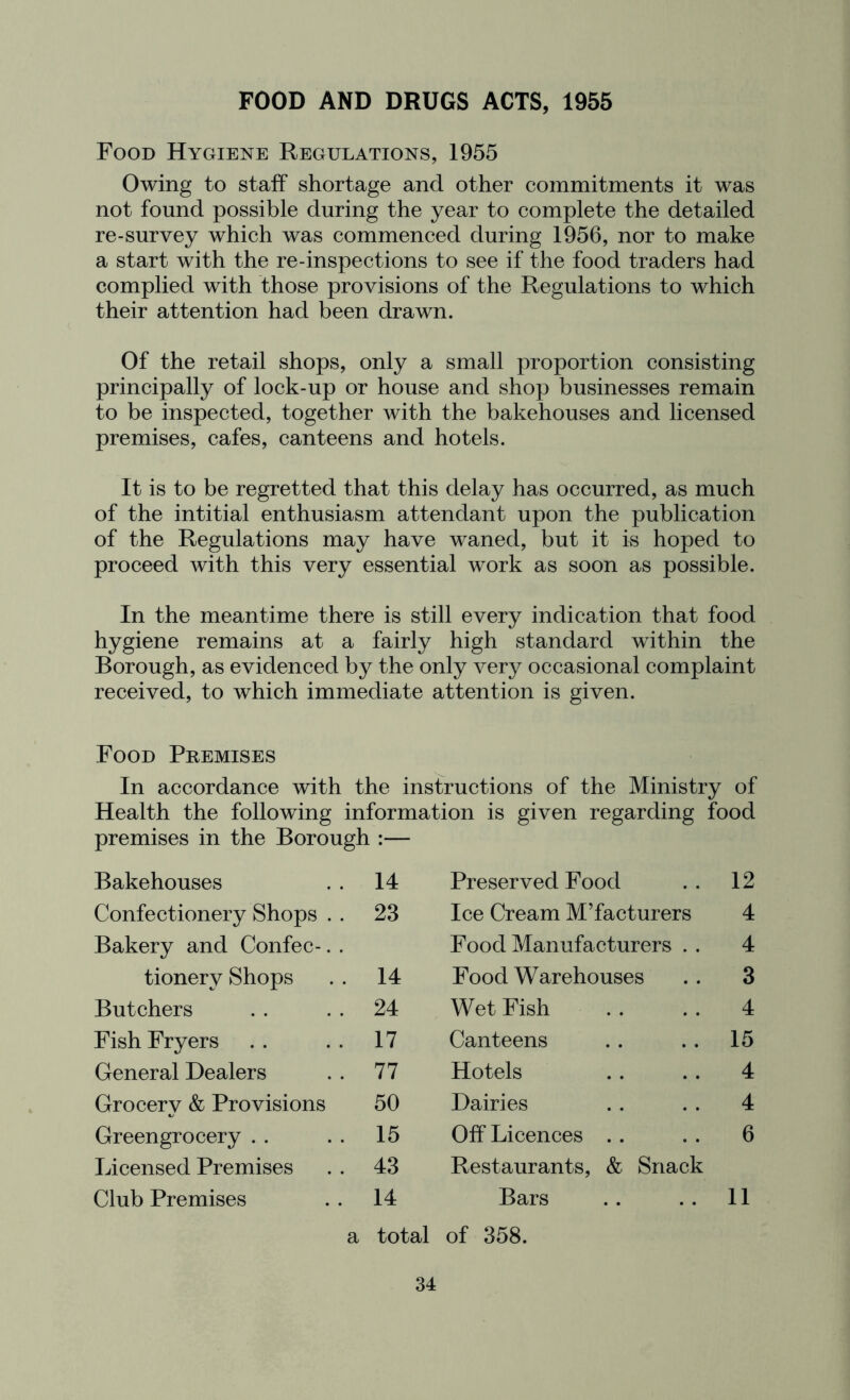 FOOD AND DRUGS ACTS, 1955 Food Hygiene Regulations, 1955 Owing to staff shortage and other commitments it was not found possible during the year to complete the detailed re-survey which was commenced during 1956, nor to make a start with the re-inspections to see if the food traders had complied with those provisions of the Regulations to which their attention had been drawn. Of the retail shops, only a small proportion consisting principally of lock-up or house and shop businesses remain to be inspected, together with the bakehouses and licensed premises, cafes, canteens and hotels. It is to be regretted that this delay has occurred, as much of the intitial enthusiasm attendant upon the publication of the Regulations may have waned, but it i^ hoped to proceed with this very essential work as soon as possible. In the meantime there is still every indication that food hygiene remains at a fairly high standard within the Borough, as evidenced by the only ver}^ occasional complaint received, to which immediate attention is given. Food Premises In accordance with the instructions of the Ministry of Health the following information is given regarding food premises in the Borough :— Bakehouses . 14 Preserved Food 12 Confectionery Shops . . 23 Ice Cream M’facturers 4 Bakery and Confec-. Food Manufacturers . . 4 tionery Shops . 14 Food Warehouses 3 Butchers . 24 Wet Fish 4 Fish Fryers . 17 Canteens 15 General Dealers . 77 Hotels 4 Grocery & Provisions 50 Dairies 4 Greengrocery . . . 15 Off Licences .. 6 Licensed Premises . 43 Restaurants, & Snack Club Premises . 14 Bars 11 a total of 358.