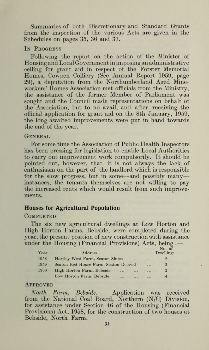 Summaries of both Discretionary and Standard Grants from the inspection of the various Acts are given in the Schedules on pages 35, 36 and 37. In Progress Following the report on the action of the Minister of Housing and Local Government in imposing an administrative ceiling for grant aid in respect of the Forster Memorial Homes, Cowpen Colliery (See Annual Report 1959, page 29), a deputation from the Northumberland Aged Mine- workers’ Homes Association met officials from the Ministry, the assistance of the former Member of Parliament was sought and the Council made representations on behalf of the Association, but to no avail, and after receiving the official application for grant aid on the 8th January, 1959, the long-awaited improvements were put in hand towards the end of the year. General For some time the Association of Public Health Inspectors has been pressing for legislation to enable Local Authorities to carry out improvement work compulsorily. It should be pointed out, however, that it is not always the lack of enthusiasm on the part of the landlord which is responsible for the slow progress, but in some—and possibly many— instances, the tenants themselves are not willing to pay the increased rents which would result from such improve- ments. Houses for Agricultural Population Completed The six new agricultural dwellings at Low Horton and High Horton Farms, Bebside, were completed during the year, the present position of new construction with assistance under the Housing (Financial Provisions) Acts, being :— No. of Year Address Dwellings 1958 Hartley West Farm, Seaton Sluice 2 1959 Seaton Red House Farm, Seaton Delaval 2 1960 High Horton Farm, Bebside 2 Low Horton Farm, Bebside 4 Approved North Farm, Bebside. — Application was received from the National Coal Board, Northern (N/C) Division, for assistance under Section 46 of the Housing (Financial Provisions) Act, 1958, for the construction of two houses at Bebside, North Farm.