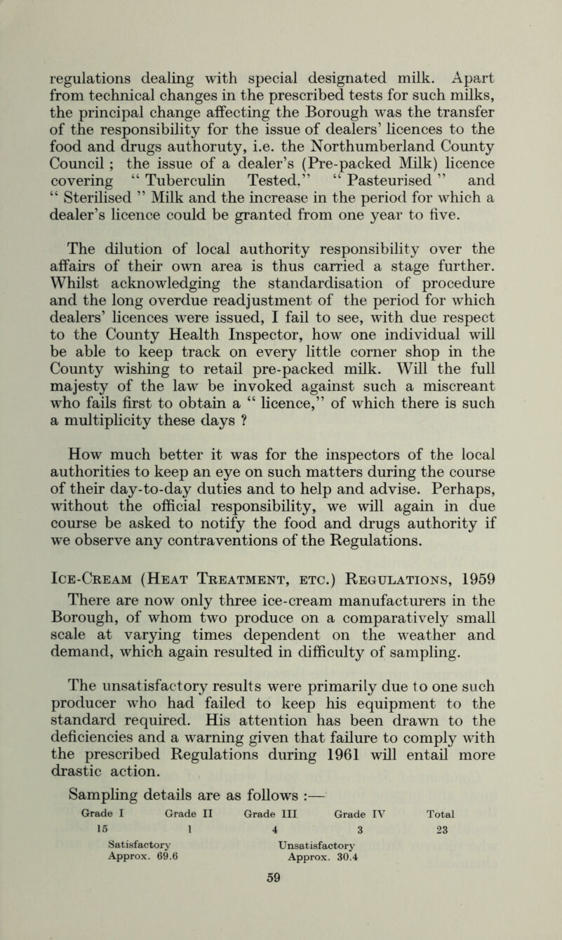 regulations dealing with special designated milk. Apart from technical changes in the prescribed tests for such milks, the principal change affecting the Borough was the transfer of the responsibility for the issue of dealers’ licences to the food and drugs authoruty, i.e. the Northumberland County Council ; the issue of a dealer’s (Pre-packed Milk) licence covering “ Tuberculin Tested,” “ Pasteurised ” and “ Sterilised ” Milk and the increase in the period for which a dealer’s licence could be granted from one year to five. The dilution of local authority responsibility over the affaii’s of their own area is thus carried a stage further. Whilst acknowledging the standardisation of procedure and the long overdue readjustment of the period for which dealers’ licences were issued, I fail to see, with due respect to the County Health Inspector, how one individual will be able to keep track on every little corner shop in the County wishing to retail pre-packed milk. Will the full majesty of the law be invoked against such a miscreant who fails first to obtain a “ licence,” of which there is such a multiplicity these days ? How much better it was for the inspectors of the local authorities to keep an eye on such matters during the course of their day-to-day duties and to help and advise. Perhaps, without the official responsibility, we will again in due course be asked to notify the food and drugs authority if we observe any contraventions of the Regulations. Ice-Cream (Heat Treatment, etc.) Regulations, 1959 There are now only three ice-cream manufacturers in the Borough, of whom two produce on a comparatively small scale at varying times dependent on the weather and demand, which again resulted in difficulty of sampling. The unsatisfactory results were primarily due to one such producer who had failed to keep his equipment to the standard required. His attention has been drawn to the deficiencies and a warning given that failure to comply with the prescribed Regulations during 1961 will entail more drastic action. Sampling details are as follows :— Grade I Grade II Grade III Grade IV 15 I 4 3 Satisfactory Approx. 69.6 Unsatisfactory Approx. 30.4 Total 23