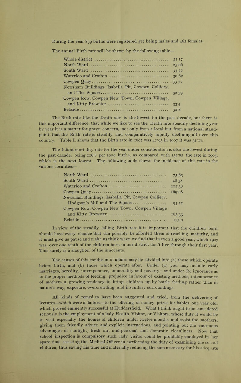 During the year 839 births were registered 377 being males and 462 females. The annual Birth rate will be shewn by the following table— Whole district North Ward. South Ward Waterloo and Crofton Cowpen Quay Newsham Buildings, Isabella Pit, Cowpen Colliery, and The Square Cowpen Row, Cowpen New Town, Cowpen Village, and Kitty Brewster Bebside 31- 17 25-06 33‘22 30 62 3377 32- 59 33‘4 32-8 The Birth rate like the Death rate is the lowest for the past decade, but there is this important difference, that while we like to see the Death rate steadily declining year by year it is a matter for grave concern, not only from a local but from a national stand- point that the Birth rate is steadily and comparatively rapidly declining all over this country. Table I. shews that the Birth rate in 1897 was 42-93 in 1907 it was 31-17. The Infant mortality rate for the year under consideration is also the lowe.st during the past decade, being 116-8 per 1000 births, as compared with 132-82 the rate in 1905, which is the next lowest. The following table shews the incidence of this rate in the various localities— North Ward 75’63 South W'ard 48-38 Waterloo and Crofton 101-38 Cowpen Quay 169-08 Newsham Buildings, Isabella Pit, Ccwpen Colliery, Hodgson’s Mill and The Square 93'22 Cowpen Row, Cowpen New Town, Cowpen Village and Kitty Brewster 183-33 Bebside 1250 In view of the steadily falling Birth rate it is important that the children born should have every chance that can possibly be afforded them of reaching maturity, and it must give us pause and make us think when we find that in even a good year, which 1907 was, over one tenth of the children born in our district don’t live through their first year. This surely is a slaughter of the innocents. The causes of this condition of affairs may be divided into (a) those which operate before birth, and (b) those which operate after. Under (a) you may include early marriages, heredity, intemperance, immorality and poverty ; and under (b) ignorance as to the proper methods of feeding, prejudice in favour of existing methods, intemperance of mothers, a growing tendency to bring children up by bottle feeding rather than in nature’s way, exposure, overcrowding, and insanitary surroundings. All kinds of remedies have been suggested and tried, from the delivering of lectures—which were a failure—to the offering of money prizes for babies one year old, which proved eminently successful at Huddersfield. What I think ought to be considered seriously is the employment of a lady Health Visitor, or Visitors, whose duty it would be to visit especially the homes of children under twelve months and assist the mothers, giving them friendly advice and explicit instructions, and pointing out the enormous advantages of sunlight, fresh air, and personal and domestic cleanliness. Now that school inspection is compulsory such lady visitor could be profitably employed in lier spare time assisting the Medical Officer in performing the duty of examining the sch rol children, thus saving his time and materially reducing the sum necessary for his adeq ate