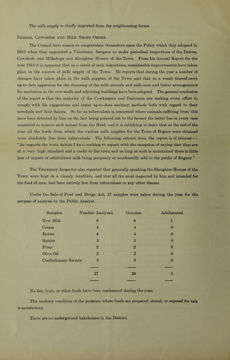 The milk supply is chiefly imported from the neighbouring farms. Dairies, Cowsheds and Milk Shops Order. The Council have reason to congratulate themselves upon the Policy which they adopted in 1912 when they appointed a Veterinary Surgeon to make periodical inspections of the Dairies, Cowsheds and Milkshops and Slaughter Houses of the Town. Prom his Annual Report for the year 1914 it is apparent that as a result of such inspections, considerable improvements have taken place in the sources of milk supply of the Town. He reports that during the year a number of f changes have taken place in the milk supplies of the Town and that as a result thereof more up-to-date apparatus for the cleansing of the milk utensils and milk-cans and better arrangements for sanitation in the cow-stalls and adjoining buildings have been adopted. The general conclusion of the report is that the majority of the Cowkeepers and Dairymen are making every effort to comply with his suggestions and instal up-to-date sanitary methods both with regard to their cowsheds and their dairies. So far as tuberculosis is concerned where animals suffering from this have been detected by him on the fact being pointed out to the farmer the latter has in every case consented to remove such animal from the Herd, and it is satisfying to learn that at the end of the year all the herds from which the various milk supplies for the Town of Bognor were obtained were absolutely free from tuberculosis. The following extract from the report is of interest:— ‘As regards the town dairies I have nothing to report, with the exception of saying that they are of a very high standard and a credit to the town and as long as such is maintained there is little fear of impure or adulterated milk being purposely or accidentally sold to the public of Bognor.” The Veterinary Inspector also reported that generally speaking the Slaughter Houses of the Town were kept in a cleanly condition, and that all the meat inspected by him and intended for the food of man, had been entirely free from tuberculosis or any other disease. Under the Sale of Food and Drugs Act, 27 samples were taken during the year for the purpose of analysis by the Public Analyst. Samples. Number Analysed. Genuine. Adulterated. New Milk 9 8 1 Cream 4 4 0 Butter 4 4 0 Spirits 3 3 0 Flour 2 2 0 Olive Oil 2 2 0 Confectionery Sweets 3 3 0 27 26 1 No fish, fruit, or other foods have been condemned during the year. The sanitary condition of the premises where foods are prepared, stored, or exposed for sale is satisfactory. There are no underground bakehouses in the District.