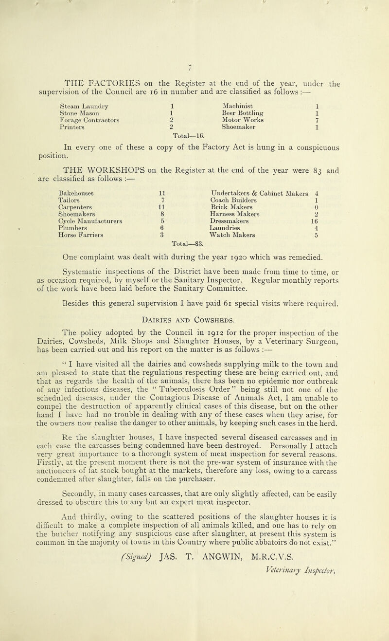 THE ExICTORIES ou the Register at the end of the year, under the supervision of the Council are i6 in number and are classified as follows :— Steam Laundry 1 Machinist 1 Stone Mason 1 Beer Bottling 1 Forage Contractors 2 Motor Works 7 Printers 2 Shoemaker 1 Total—16. a copy of the Factory Act is hung in a conspicuous on the Register at the end of the year were 83 and 11 Undertakers & Cabinet Makers 7 Coach Builders 11 Brick Makers 8 Harness Makers 5 Dressmakei’s 6 Laundries 3 Watch Makers Total—83. One complaint was dealt with during the year 1920 which was remedied. Systematic inspections of the District have been made from time to time, or as occasion required, by myself or the Sanitary Inspector. Regular monthly reports of the work have been laid before the Sanitary Committee. Besides this general supervision I have paid 61 special visits where required. Dairies and Cowsheds. The policy adopted by the Council in 1912 for the proper inspection of the Dairies, Cowsheds, Milk Shops and Slaughter Houses, by a Veterinary Surgeon, has been carried out and his report on the matter is as follows :— “ I have visited all the dairies and cowsheds supplying milk to the town and am pleased to state that the regulations respecting these are being carried out, and that as regards the health of the animals, there has been no epidemic nor outbreak of any infectious diseases, the “Tuberculosis Order” being still not one of the scheduled diseases, under the Contagious Disease of Animals Act, I am unable to compel the destruction of apparently clinical cases of this disease, but on the other hand I have had no trouble in dealing with any of these cases when they arise, for the owners now realise the danger to other animals, by keeping such cases in the herd. Re the slaughter houses, I have inspected several diseased carcasses and in each case the carcasses being condemned have been destroyed. Personally I attach ver}’ great importance to a thorough system of meat inspection for several reasons. Firstly, at the present moment there is not the pre-war system of insurance with the auctioneers of fat stock bought at the markets, therefore any loss, owing to a carcass condemned after slaughter, falls on the purchaser. Secondly, in many cases carcasses, that are only slightly affected, can be easily dressed to obscure this to any but an expert meat inspector. And thirdly, owing to the scattered positions of the slaughter houses it is difficult to make a complete inspection of all animals killed, and one has to relv on the butcher notifying any suspicious case after slaughter, at present this system is common in the majority of towns in this Country where public abbatoirs do not exist.” fSignedJ JAS. T. ANGWIN, M.R.C.V.S. Veterinary Inspector. 4 1 0 2 16 4 0 In every one of these position. THE WORKSHOPS are classified as follows :— Bakehouses Tailors Carpenters Shoemakers Cycle Manufacturer's Plumbers Horse Farriei's