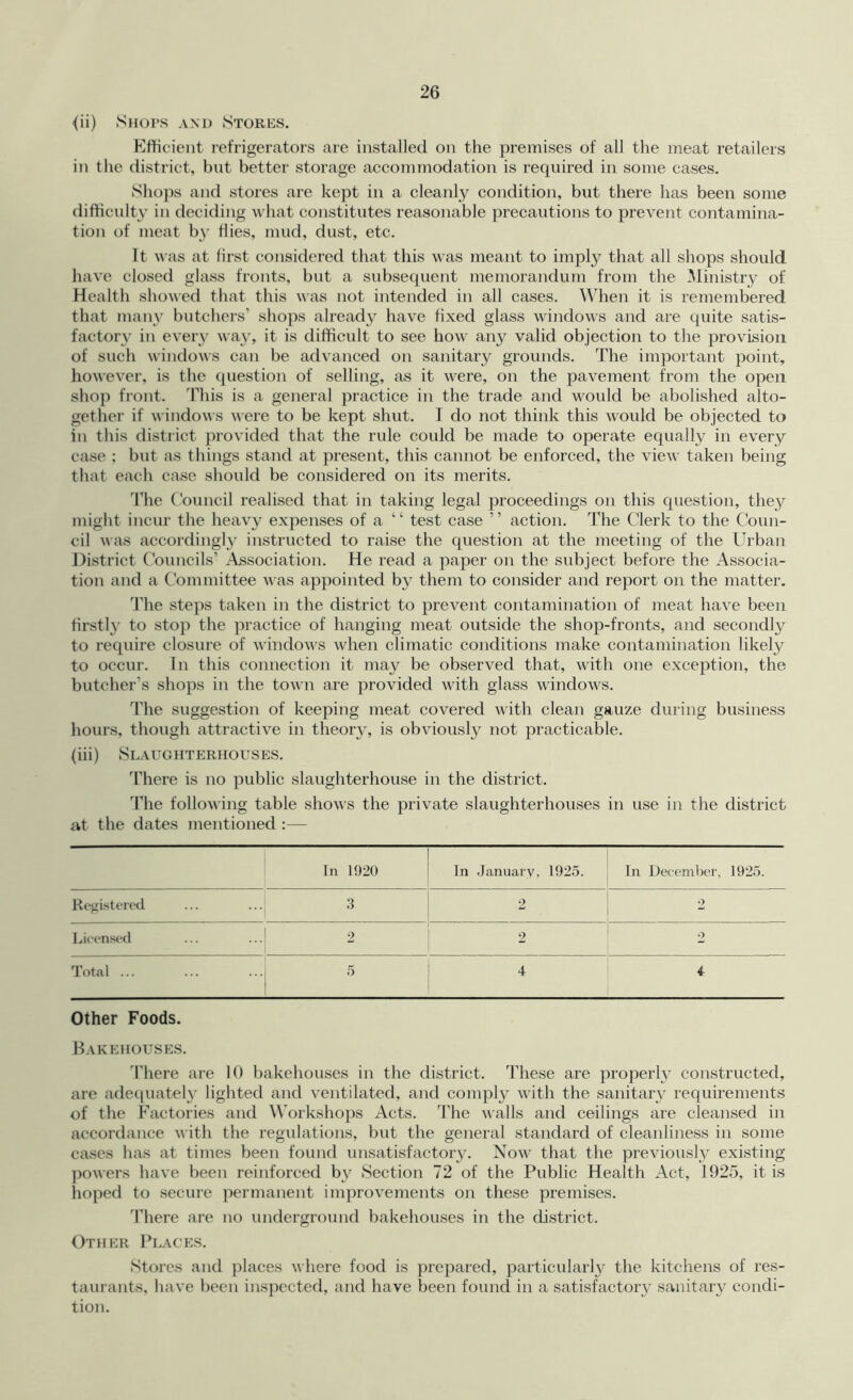 <ii) Shops and Stores. Efficient refrigerators are installed on the premises of all the meat retailers i)i the district, but better storage accommodation is required in some cases. Shops and stores are kept in a cleanly condition, but there has been some difficulty iu deciding what constitutes reasonable precautions to prevent contamina- tion of meat by Hies, mud, dust, etc. It was at first considered that this was meant to imply that all shops should have closed glass fronts, but a subsequent memorandum from the Ministry of Health showed that this was not intended in all cases. When it is remembered that many butchers’ shops already have Hxed glass windows and are quite satis- factory in every wa}, it is difficult to see how any valid objection to the provision of such windows can be advanced on sanitary grounds. The important point, honever, is the question of selling, as it were, on the pavement from the open shop front. H’his is a general practice in the trade and would be abolished alto- gether if windows were to be kept shut. I do not think this would be objected to in this district provided that the rule could be made to operate equally in every case ; but as things stand at present, this cannot be enforced, the view taken being that each case should be considered on its merits. The C'ouncil realised that in taking legal proceedings on this question, they might incur the heavy expenses of a “ test case ” action. The Clerk to the Coun- cil was accordingl}' instructed to raise the question at the meeting of the Urban District Councils’ Association. He read a paper on the subject before the Associa- tion and a Committee v as appointed by them to consider and report on the matter. The steps taken in the district to prevent contamination of meat have been Hrstlj' to stop the practice of hanging meat outside the shop-fronts, and secondly to require closure of windows when climatic conditions make contamination likely to occur. In this connection it may be observed that, with one exception, the butcher’s shops in the town are provided with glass windows. The suggestion of keeping meat covered with clean gauze during business hours, though attractive in theory, is obviously not practicable. (iii) 8LAUGnTE:RHOUSES. 'I’here is no public slaughterhouse in the district. 'I’he following table shows the private slaughterhouses in use in the district at the dates mentioned :— In 1920 Tn January, 1925. In December, 1925. Regi.stered 3 2 Licensed 2 2 2 Total ... 5 4 4 Other Foods. Bakehouses. There are 10 bakehouses in the district. These are properly constructed, are adetpiately lighted and ventilated, and comply with the sanitary requirements of the Factories and ^\orkshops Acts. The walls and ceilings are cleansed in accordance with the regulations, but the general standard of cleanliness in some cases has at times been found unsatisfactory. Now that the previously existing powers have been reinforced b3^ Section 72 of the Public Health Act, 1925, it is hoped to secure permanent improvements on these premises. There are no underground bakehouses in the district. Other Places. Stores and places where food is prepared, particularly the kitchens of res- taui-ants, have been inspected, and have been found in a satisfactory sanitary condi- tion.