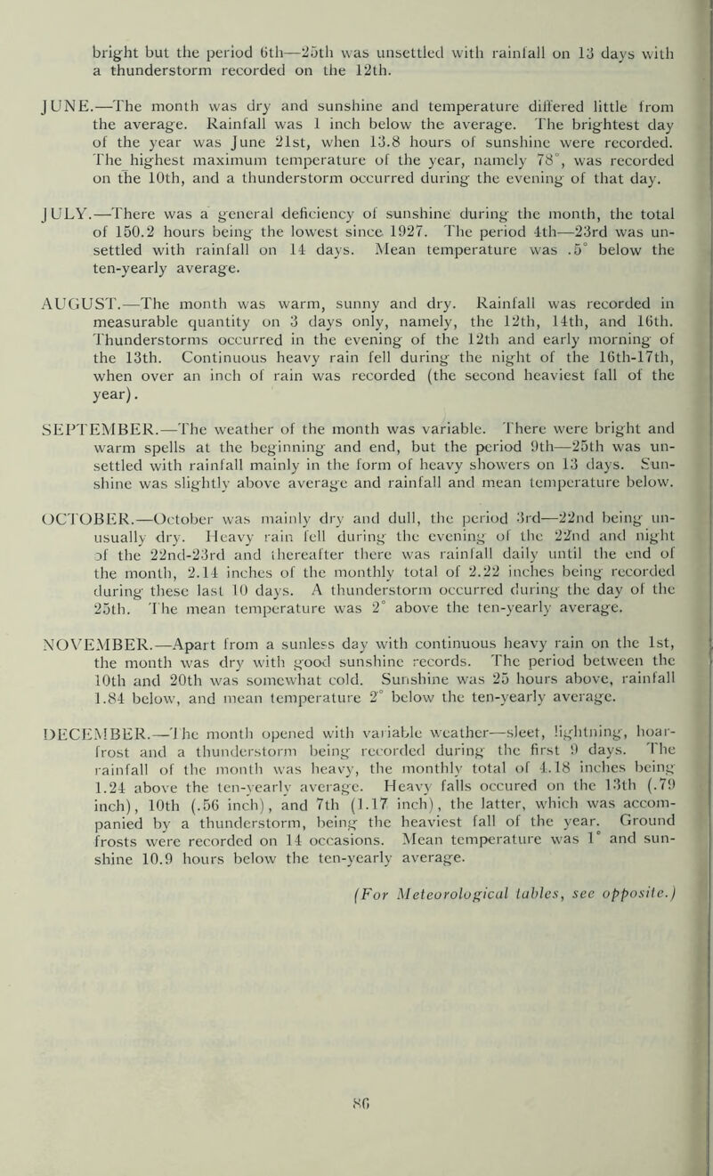 a thunderstorm recorded on the 12th. JUNE.—The month was dry and sunshine and temperature dilfered little from the average. Rainfall was 1 inch below the average. The brightest day of the year was June 21st, when 13.8 hours of sunshine were recorded. The highest maximum temperature of the year, namely 78°, was recorded on the 10th, and a thunderstorm occurred during the evening of that day. JULY.—There was a general deficiency of sunshine during the month, the total of 150.2 hours being the lowest since 1927. The period -1th—23rd was un- settled with rainfall on 14 days. Mean temperature was .5° below the ten-yearly average. AUGUST.—The month was warm, sunny and dry. Rainfall was recorded in measurable quantity on 3 days only, namely, the 12th, 14th, and 16th. Thunderstorms occurred in the evening of the 12th and early morning of the 13th. Continuous heavy rain fell during the night of the 16th-17th, when over an inch of rain was recorded (the second heaviest fall of the year). SEPTEMBER.—The weather of the month was variable. There were bright and warm spells at the beginning and end, but the period 9th—25th was un- settled with rainfall mainly in the form of heavy show'ers on 13 days. Sun- shine was slightly above average and rainfall and mean temperature below. OC'l'OBER.—October was mainly dry and dull, the period 3rd—22nd being un- usually dry. Heavy rain fell during the evening of the 22nd and night of the 22nd-23rd and ihereafter there was rainfall daily until the end of the month, 2.14 inches of the monthly total of 2.22 inches being recorded during these last 10 days. A thunderstorm occurred during the day of the 25th. The mean temperature was 2° above the ten-yearly average. NOVEMBER.—Apart from a sunless day with continuous heavy rain on the 1st, the month was dry with goes:! sunshine records. The period between the 10th and 20th was somewhat cold. Sunshine w'as 25 hours above, rainfall 1.84 below, and mean temperature 2° below the ten-yearly average. DECEMBER.—'1 he month opened with vaiiable weather—sleet, ligditning, hoar- frost and a thunderstorm being recorded during the first 9 days. 'I he rainfall of the month was heavy, the monthly total of 4.18 inches being 1.24 above the ten-yearly average. Heavy falls occured on the 13th (.79 inch), 10th (.56 inch), and 7th (1.17 inch), the latter, w'hich was accom- panied by a thunderstorm, being the heaviest fall of the year. Ground frosts were recorded on 14 occasions. Mean temperature was 1° and sun- shine 10.9 hours below the ten-yearly average. (For Meteorological iahles, see opposite.) so