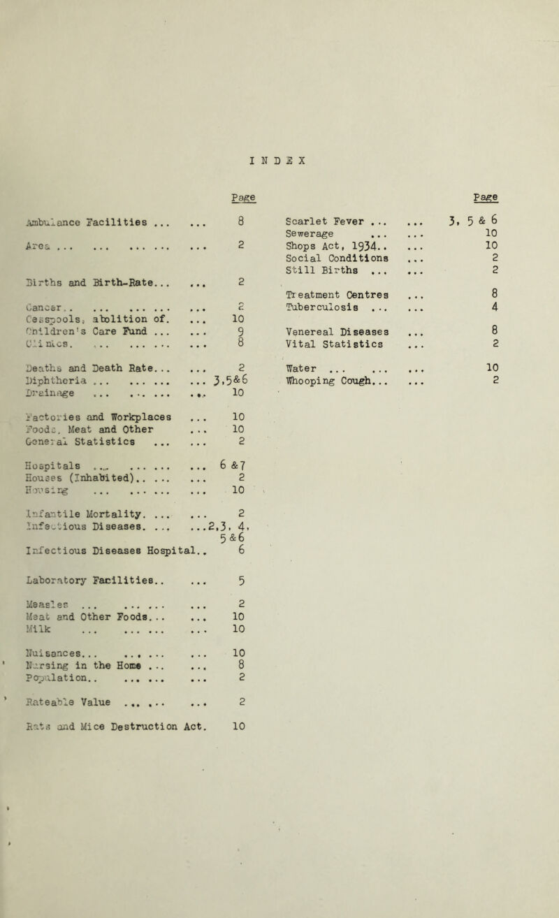 I N D S X Page Ambulance facilities 8 Births and Birth-Rate... ... 2 V j 3.n ••• ••• 0 9 9 Cesspools,, abolition of. ... 10 Onildren’s Care Fund 9 Clinics. 8 Deaths and Death Rate 2 Diphtheria Drainage 10 factories and Workplaces ... 10 Poodc. Meat and Other ... 10 General Statistics 2 Hospitals 6 &7 Houses (Inhabited) 2 ITovsrrg 10 Infantile Mortality 2 .Infectious Diseases 2,3. 4. 5 &6 Infectious Diseases Hospital., 6 Scarlet Fever .,. Sewerage Shops Act, 1934.. Social Conditions Still Births ... Treatment Centres Tuberculosis ... Venereal Diseases Vital Statistics Water ... ... Whooping Cough... Laboratory Facilities.. 5 Measles ... Meat and Other Foods... .Milk 2 10 10 Nuisances. . . ... 10 Nursing in the Home ... ... 8 Population.. ... 2 Rateable Value ... 2 Page 3, 5 & 6 10 10 2 2 8 4 8 2 10 2 Rat.s and Mice Destruction Act 10