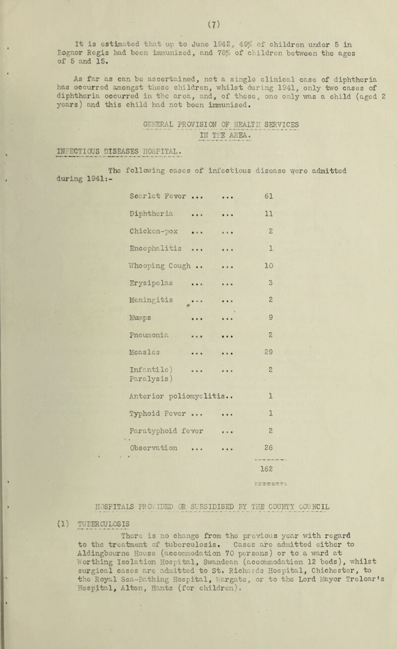 It is estimated that up to June 1942, 49fc of children under 5 in Eognor Regis had been immunised, and 78fc of children between the ages of 5 and 15. As far as can bo ascertained, not a single clinical case of diphtheria has occurred amongst those children, whilst during 1941, only two cases of diphtheria occurred in the area, and, of these, one only was a child (aged 2 years) and this child had not boen immunised. GEllERAL PROVISION OF^HEALTII SERVICES IN TIE AREA. INFECTIOUS D^EASES HOSPITAL. The follov;ing cases of infectious disease i/Yere admitted during 1941:- Scarlet Fever ... • • • 61 Diphtheria ... • • • 11 Chicken-pox ... « 0 • 2 Encephalitis • • « 1 ■^7hooping Cough .. • 0 • 10 Erysipelas ... • • • 3 Meningitis • • 0 2 Mumps ... • • 9 9 Pneumonia .,. • • • 2 Measles ... • 0 • 29 Infantile) ... Paralysis) 0 • • 2 Anterior poliomyelitis.. 1 Typhoid Fever ... • • • 1 Paratyphoid fevor 2 Observation ... • • 0 26 162 HOSPITALS PR0, IDED OR SUBSIDISED BY THE COUNTY COUNCIL (1) TUBERCULOSIS There is no change from the previous year with regard to the treatment of tuberculosis. Cases are admitted either to Aldingbourne House (accommodation 70 persons) or to a ward at Vorthing Isolation Hospital, Sv/andean (accommodation 12 beds), whilst surgical cases are admitted to St. Richo-rds Hospital, Chichester, to the Royal Sea-Bathing Hospital, Uargate, or to the Lord Mayor Treloar’s Hospital, Alton, Hants (for children).