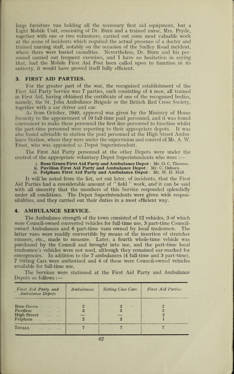 large furniture van holding all the necessary first aid equipment, but a I.ight Mobile Unit, consisting of Dr. Burn and a trained nurse, Mrs. Pryde, together with one or two volunteers, carried out some most valuable work at the scene of incidents which required the actual presence of a doctor and trained nursing staff, notably on the occasion of the Sudley Road incident, where there were buried casualties. Nevertheless, Dr. Burn and his per- sonnel carried out frequent exercises, and I have no hesitation in sajdng that, had the Mobile First Aid Post been called upon to function in its entirety, it would have proved itself fully efficient. 3. FIRST AID PARTIES. For the greater part of the war, the recognised establishment of the First Aid Party Service was 7 parties, each consisting of 4 men, all trained in First Aid, having obtained the certificate of one of the recognised bodies, namely, the St. John Ambulance Brigade or the British Red Cross Society, together with a car driver and car. As from October, 1940, approval was given by the Ministry of Home Security to the appointment of 10 full-time paid personnel, and it was found convenient to make these personnel the first-line personnel to function whilst the part-time personnel were reporting to their appropriate depots. It was also found advisable to station the paid personnel at the High Street Ambu- lance Station, where they were under the supervision and control of Mr. A. W. Frost, who was appointed as Depot Superintendent. The First Aid Party personnel at the other Depots were under the control of the appropriate voluntary Depot Superintendents who were :— i. Rose Green First Aid Party and Ambulance Depot: Mr. O. C. T.homas. ii. Pavilion First Aid Party and Ambulance Depot : Mr. C. Osborn. iii. Felpham First Aid Party and Ambulance Depot: Mr. H. D. Hall. It will be noted from the list, set out later, of incidents, that the First Aid Parties had a considerable amount of “ field ” work, and it can be said with all sincerity that the members of this Service responded splendidly under all conditions. The Depot Superintendents were given wide respon- sibilities, and they carried out their duties in a most efficient way. 4. AMBULANCE SERVICE. The Ambulance strength of the town consisted of 12 vehicles, 3 of which were Council-owned converted vehicles for full-time use, 3 part-time Council- owned Ambulances and 6 part-time vans owned by local tradesmen. The latter vans were readily convertible by means of the insertion of stretcher runners, etc., made to measure. Later, a fourth whole-time vehicle was purchased by the Council and brought into use, and the part-time local tradesmen’s vehicles were not used, although they remained ear-marked for emergencies. In addition to the 7 ambulances (4 full-time and 3 part-time), 7 Sitting Cars were authorised and 4 of these were Council-owned vehicles available for full-time use. The Services were stationed at the First Aid Party and Ambulance Depots as follows :— _ First A id Party and Ambulance Depots Ambulances Sitting Case Cars First Aid Parties Rose Green 2 2 2 Pavilion 3 3 2 High Street — — 2 Felpham 2 2 1 Totals 7 7 7