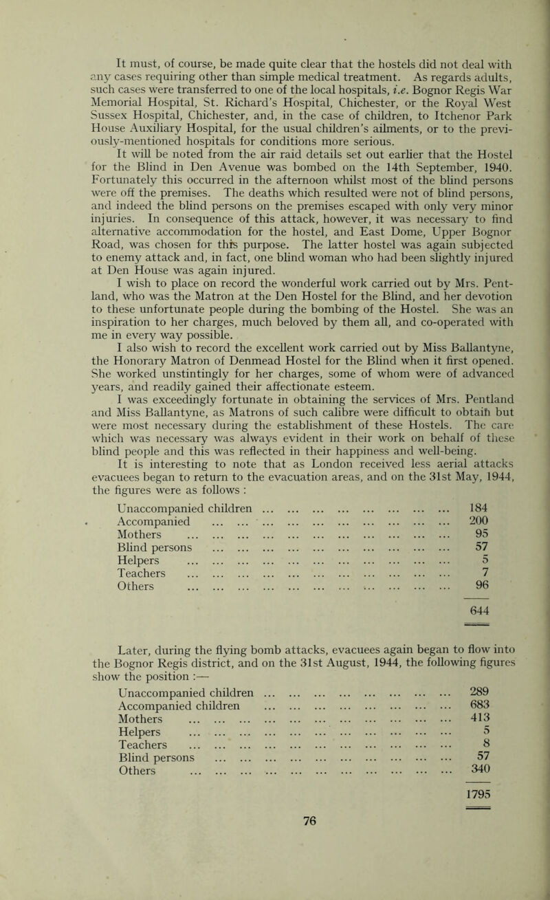 It must, of course, be made quite clear that the hostels did not deal with any cases requiring other than simple medical treatment. As regards adults, such cases were transferred to one of the local hospitals, i.e. Bognor Regis War Memorial Hospital, St. Richard’s Hospital, Chichester, or the Royal West Sussex Hospital, Chichester, and, in the case of children, to Itchenor Park House Auxiliary Hospital, for the usual children’s ailments, or to the previ- ously-mentioned hospitals for conditions more serious. It will be noted from the air raid details set out earlier that the Hostel for the Blind in Den Avenue was bombed on the 14th September, 1940. Fortunately this occurred in the afternoon whilst most of the blind persons were off the premises. The deaths which resulted were not of blind persons, and indeed the blind persons on the premises escaped with only very minor injuries. In consequence of this attack, however, it was necessary to find alternative accommodation for the hostel, and East Dome, Upper Bognor Road, was chosen for this purpose. The latter hostel was again subjected to enemy attack and, in fact, one blind woman who had been slightly injured at Den House was again injured. I wish to place on record the wonderful work carried out by Mrs. Pent- land, who was the Matron at the Den Hostel for the Blind, and her devotion to these unfortunate people during the bombing of the Hostel. She was an inspiration to her charges, much beloved by them all, and co-operated with me in every way possible. I also wish to record the excellent work carried out by Miss Ballantyne, the Honorary Matron of Denmead Hostel for the Blind when it first opened. She worked unstintingly for her charges, some of whom were of advanced years, and readily gained their affectionate esteem. I was exceedingly fortunate in obtaining the services of Mrs. Pentland and Miss Ballantyne, as Matrons of such calibre were difficult to obtaih but were most necessary during the establishment of these Hostels. The care which was necessary was always evident in their work on behalf of these blind people and this was reflected in their happiness and well-being. It is interesting to note that as London received less aerial attacks evacuees began to return to the evacuation areas, and on the 31st May, 1944, the figures were as follows : Unaccompanied children 184 Accompanied 200 Mothers 95 Blind persons 57 Helpers 5 Teachers 7 Others 96 644 Later, during the flying bomb attacks, evacuees again began to flow into the Bognor Regis district, and on the 31st August, 1944, the following figures show the position :— Unaccompanied children Accompanied children Mothers Helpers Teachers Blind persons Others 289 683 413 5 8 57 340 1795