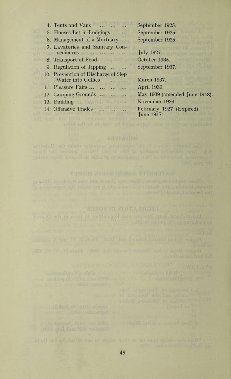 4. Tents and Vans 5. Houses Let in Lodgings 6. Management of a Mortuary ... 7. Lavatories and Sanitary Con- veniences 8. Transport of Food 9. Regulation of Tipping 10. Prevention of Discharge of Slop Water into Gullies 11. Pleasure Fairs 12. Camping Grounds 13. Building 14. Offensive Trades September 1925. September 1925. September 1925. July 1927. October 1935. September 1937. March 1937. April 1939. May 1939 (amended June 1948). November 1939. February 1927 (Expired). June 1947.