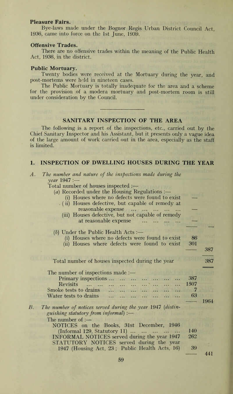 Pleasure Fairs. Bye-laws made under the Bognor Regis Urban District Council Act, 1936, came into force on the 1st June, 1939. Offensive Trades. There are no offensive trades within the meaning of the Public Health Act, 1936, in the district. Public Mortuary. Twenty bodies were received at the Mortuary during the year, and post-mortems were held in nineteen cases. The Public Mortuary is totally inadequate for the area and a scheme for the provision of a modern mortuary and post-mortem room is still under consideration by the Council. SANITARY INSPECTION OF THE AREA The following is a report of the inspections, etc., carried out by the Chief Sanitary Inspector and his Assistant, but it presents oidy a vague idea of the large amount of work carried out in the area, especially as the staff is limited. 1. INSPECTION OF DWELLING HOUSES DURING THE YEAR A. The number and nature of the inspections made during the year 1947 :— Total number of houses inspected :— (fl) Recorded under the Housing Regulations :— (i) Houses where no defects were found to exist — . (ii) Houses defective, but capable of remedy at reasonable expense — (iii) Houses defective, but not capable of remedy at reasonable expense — {b) Under the Public Health Acts :— (i) Houses where no defects were found to exist 86 (ii) Houses where defects were found to exist 301 387 Total number of houses inspected during the year 387 The number of inspections made :— Primary inspections 387 Revisits 1507 Smoke tests to drains 7 Water tests to drains 63 1964 B. The number of notices served during the year 1947 [distin- guishing statutory from informal) :— The number of :— NOTICES on the Books, 31st December, 1946 (Informal 129, Statutory 11) 140 INFORMAL NOTICES served during the year 1947 262 STATUTORY NOTICES served during the year 1947 (Housing Act, 23 ; Public Health Acts, 16) 39 441