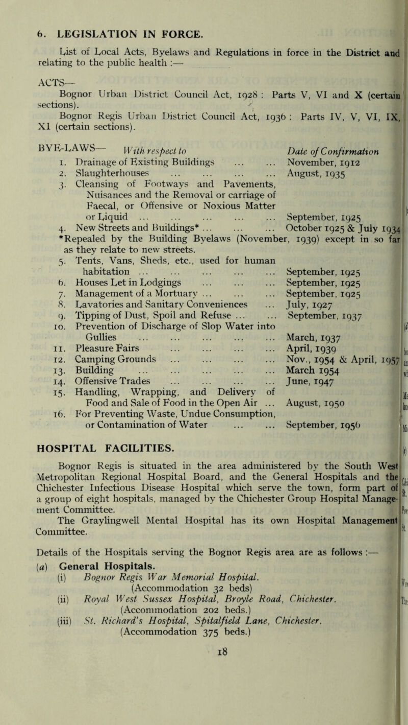 b. LEGISLATION IN FORGE. List of Local Acts, Byelaws and Regulations in force in the District and relating to the public health :— ACTS - Bognor Urban District Council Act, 1928 : Parts V, VI and X (certain sections). Bognor Regis Urban District Council Act, 193b : Parts IV, V, VI, IX, XI (certain sections). B\ H-LAWS With respect to 1. Drainage of Existing Buildings 2. Slaughterhouses Cleansing of Footways and Pavements, Nuisances and the Removal or carriage of Faecal, or Offensive or Noxious Matter or Liquid New Streets and Buildings* /)ate of C onfirmaii0 n November, 1912 August, 1935 3- Repealed by the Building Byelaws as they relate to new streets. September, 1925 October 1925 & July 1934 (November, 1939) except in so far 5- 10. 11. 12. 13- M- 15. Tents, Vans, Sheds, etc., used for human habitation ... Houses Let in Lodgings Management of a Mortuary Lavatories and Sanitary Conveniences Tipping of Dust, Spoil and Refuse ... Prevention of Discharge of Slop Water into Gullies Pleasure Fairs September, 1925 September, 1925 September, 1925 July, 1927 vSeptemher, 1937 ib. Camping Grounds Building Offensive Trades Handling, Wrapping, and Delivery Food and Sale of Food in the Open Air ... F'or Preventing Waste, Undue Consumption, or Contamination of Water of March, 1937 April, 1939 Nov., 1954 & April, 1957 March 1954 June, 1947 August, 1950 vSeptember, 195b HOSPITAL FACILITIES. Bognor Regis is situated in the area administered by the South West Metropolitan Regional Hospital Board, and the General Hospitals and the Chichester Infectious Disease Hospital which serve the town, form part of a group of eight hospitals, managed by the Chichester Group Hospital Manage ment Committee. The Graylingwell Mental Hospital has its own Hospital Management Committee. Details of the Hospitals serving the Bognor Regis area are as follows :— (a) General Hospitals. (i) Bognor Regis War Memorial Hospital. (Accommodation 32 beds) (ii) Royal West Sussex Hospital, Broyle Road, Chichester. (Accommodation 202 beds.) (iii) St. Richard’s Hospital, Spitalfield Lane, Chichester. (Accommodation 375 beds.) h Ilie