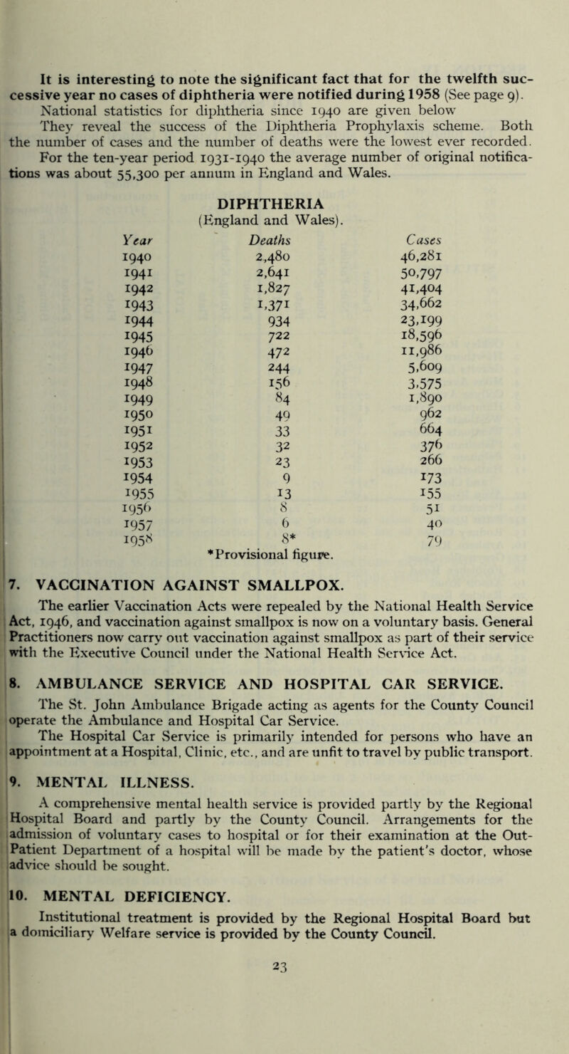 It is interesting to note the significant fact that for the twelfth suc- cessive year no cases of diphtheria were notified during 1958 (See page 9). National statistics for diphtheria since 1940 are given below They reveal the success of the Diphtheria Prophylaxis scheme. Both the number of cases and the number of deaths were the lowest ever recorded. For the ten-year period 1931-1940 the average number of original notifica- I tions was about 55,300 per annum in England and Wales. DIPHTHERIA (England and Wales). Year Deaths Cases 1940 2,480 46,281 1941 2,641 50,797 1942 1,827 41,404 1943 L371 34,662 1944 934 23.199 1945 722 18,596 1946 472 11,986 1947 244 5.609 1948 156 3.575 1949 84 1,890 1950 49 962 1951 33 664 1952 32 376 1953 23 266 1954 9 173 1955 13 155 195b 8 51 1957 b 40 195^ 8* ’•‘Provisional figure. 79 VACCINATION AGAINST SMALLPOX. 1 The earlier Vaccination Acts were repealed by the National Health Service Act, 1946, and vaccination against smallpox is now on a voluntary basis. General Practitioners now carry out vaccination against smallpox as part of their service with the Executive Council under the National Health Ser\’ice Act. 8. AMBULANCE SERVICE AND HOSPITAL CAR SERVICE. The St. John Ambulance Brigade acting as agents for the County Council (Operate the Ambulance and Hospital Car Service. I The Hospital Car Service is primariE^ intended for persons who have an [appointment at a Hospital, Clinic, etc., and are unfit to travel by public transport. k MENTAL ILLNESS. A comprehensive mental health service is provided partly by the Regional ■Hospital Board and partly by the County Council. Arrangements for the admission of voluntary cases to hospital or for their examination at the Out- 'Patient Department of a hospital will be made by the patient's doctor, whose jadvice should be sought. 10. MENTAL DEFICIENCY. L Institutional treatment is provided by the Regional Hospital Board but a domiciliary Welfare service is provided by the County Council.