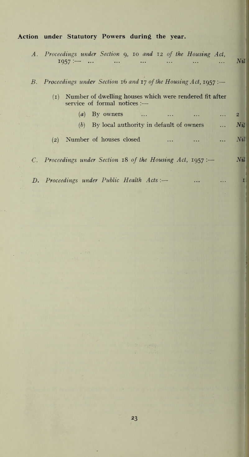 Action under Statutory Powers during the year. A. Proceedings under Section g, lo and 12 of the Housing Act, 1957*—  ••• B. Proceedings under Section 16 and 17 of the Housing Act, 1957 :— (i) Number of dwelling houses w^hich were rendered fit after se-ndce of formal notices :— (a) owmers ... ... ... ... 2 (b) By local authority in default of owmers ... Nil (2) Number of houses closed ... ... ... Nil' C. Proceedings under Section 18 of the Housing Act, 1957 :— Nil D. Proceedings under Public Health Acts :— ... ... i> Si I il