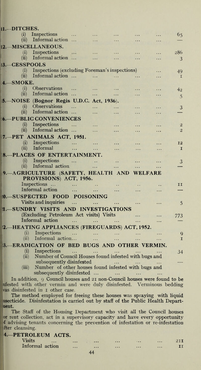 11. —DITCHES. (i) Inspections ... ... ... ... ... 65 (ii) Informal action ... ... ... ... ... — 12. MISCELLANEOUS. (i) Inspections ... ... ... ... ... 286 ' (ii) Informal action ... ... ... ... ... 3 13. —CESSPOOLS (i) Inspections (excluding Foreman’s inspections) ... 49 (ii) Informal action ... ... ... ... ... i 4.—SMOKE. (i) Observations ... ... ... ... ... 42 (ii) Informal action ... ... ... ... ... - !i5.—NOISE (Bognor Regis U.D.C. Act, 1936). (i) Observa’tions ... ... ... ... ... 3 (ii) Informal action ... ... ... ... ... — 6. —PUBLIC CONVENIENCES (i) Inspections ... ... ... ... ... 2 (ii) Informal action ... ... ... ... ... 2 7. —PET ANIMALS ACT, 1951. (i) Inspections ... ... ... ... ... 12 (ii) Informal ... ... ... ... ... i 8. —PLACES OF ENTERTAINMENT. (i) Inspections ... .. .. ... ... 3 (ii) Informal action ... ... ... ... — 9. —AGRICULTURE (SAFETY, HEALTH AND WELFARE PROVISIONS) ACT, 1956. Inspections ... ... .. .. .. .. ii Informal action ... ... ... ... ... — 10. —SUSPECTED FOOD POISONING ! Visits and inquiries ... ... ... ... ... 5 ^11.—SUNDRY VISITS AND INVESTIGATIONS f (Excluding Petroleum Act visits) Visits ... ... 773 Informal action ... ... ... ... ... — ?!2.—HEATING APPLIANCES (FIREGUARDS) ACT, 1952. i (i) Inspections ... ... ... ... ... g I (ii) Informal action... ... ... ... ... i Is.—ERADICATION OF BED BUGS AND OTHER VERMIN. • (i) Inspections ... ... ... ... ... 34 (ii) Number of Council Houses found infested with bugs and , I subsequently disinfested ... ... ... — (iii) Number of other houses found infested with bugs and subsequently disinfested ... In addition, 9 Council houses and 21 non-Council houses were found to be . nfested with other vermin and were duly disinfested. Verminous bedding vas disinfested in i other case. The method employed for freeing these houses was spraying with liquid ) Qsecticide. Disinfestation is carried out by staff of the Public Health Depart- Qent. The Staff of the Housing Department who visit all the Council houses I or rent collection, act in a supervisory capacity and have every opportunity fi'f advising tenants concerning the prevention of infestation or re-infestation Hfter cleansing. PETROLEUM ACTS. Visits ... ... ... ... ... ... 211 Informal action ... ... ... ... ... ii