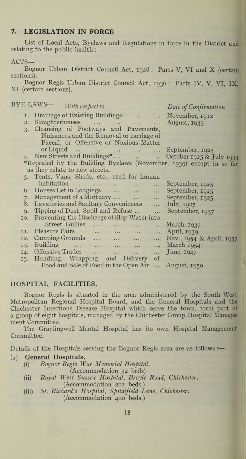 7. LEGISLATION IN FORGE List of Local Acts, Byelaws and Regulations in force in the District and relating to the public health :— ACTS— Bognor Urban District Council Act, 1928 : Parts V, VI and X (certain sections). Bognor Regis Urban District Council Act, 1936 : Parts IV, V, VI, IX, XI (certain sections). bye-laws— With respect to 1. Drainage of Existing Buildings 2. Slaughterhouses 3. Cleansing of Footways and Pavements, Nuisances,and the Removal or carriage of Faecal, or Offensive or Noxious Matter or Liquid 4. New Streets and Buildings* * Repealed by the Building Byelaws (November, as they relate to new streets. Date of Confirmation November, 1912 August, 1935 September, 1925 October 1925 & July 1934 1939) except in so far 6 7 8 9 10 11 12 13 14 15 Tents, Vans, Sheds, etc., used for human habitation ... Houses Let in Lodgings Management of a Mortuary ... Lavatories and Sanitary Conveniences Tipping of Dust, Spoil and Refuse Preventing the Discharge of Slop Water into Street Gullies Pleasure Fairs Camping Grounds Building Offensive Trades Handling, Wrapping, and Delivery of Food and Sale of Food in the Open Air ... September, 1925 September, 1925 September, 1925 July, 1927 September, 1937 March, 1937 April, 1939 Nov., 1954 & April, 1957 March 1954 June, 1947 August, 1950 HOSPITAL FACILITIES. Bognor Regis is situated in the area administered by the South West Metropolitan Regional Hospital Board, and the General Hospitals and the Chichester Infectious Disease Hospital which serve the town, form part of a group of eight hospitals, managed by the Chichester Group Hospital Manages ment Committee. The Graylingwell Mental Hospital has its own Hospital Management Committee. Details of the Hospitals serving the Bognor Regis area are as follows :— (a) General Hospitals. (i) Bognor Regis War Memorial Hospital. (Accommodation 32 beds) (ii) Royal West Sussex Hospital, Broyle Road, Chichester. (Accommodation 202 beds.) (hi) St. Richard’s Hospital, Spitalfield Lane, Chichester. (Accommodation 400 beds.)