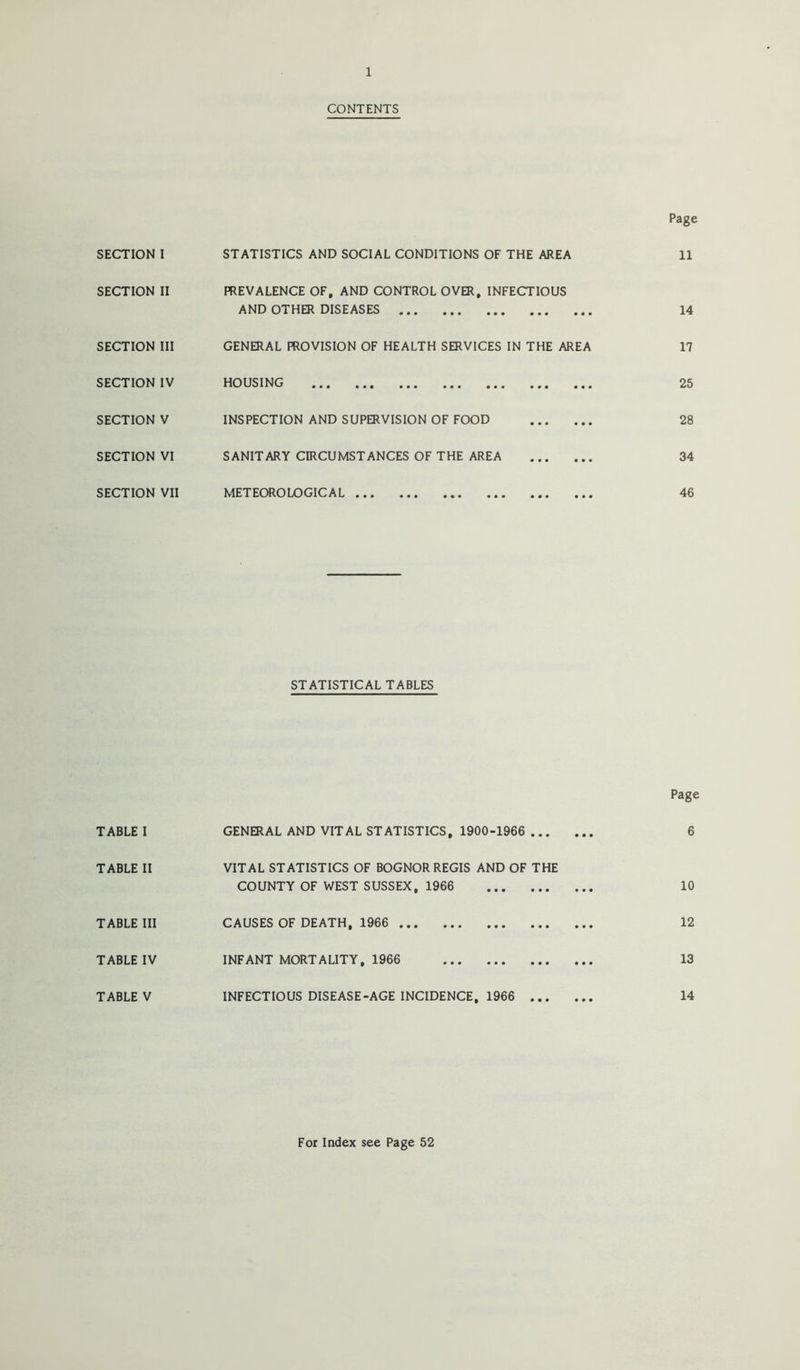 SECTION I SECTION II SECTION III SECTION IV SECTION V SECTION VI SECTION VII TABLE I TABLE II TABLE III TABLE IV TABLE V CONTENTS STATISTICS AND SOCIAL CONDITIONS OF THE AREA PREVALENCE OF, AND CONTROL OVER, INFECTIOUS AND OTHER DISEASES GENERAL PROVISION OF HEALTH SERVICES IN THE AREA HOUSING INSPECTION AND SUPERVISION OF FOOD SANITARY CIRCUMSTANCES OF THE AREA METEOROLOGICAL Page 11 14 17 25 28 34 46 STATISTICAL TABLES GENERAL AND VITAL STATISTICS, 1900-1966 ... VITAL STATISTICS OF BOGNOR REGIS AND OF THE COUNTY OF WEST SUSSEX, 1966 CAUSES OF DEATH, 1966 INFANT MORTALITY, 1966 INFECTIOUS DISEASE-AGE INCIDENCE, 1966 ... Page 6 10 12 13 14 For Index see Page 52