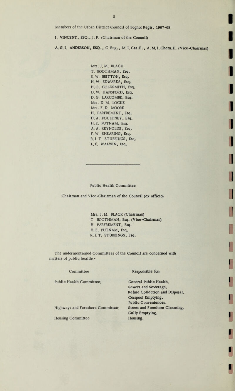 Members of the Urban District Council of Bognor Regis, 1967-68 J. VINCENT, ESQ., J. P. (Chairman of the Council) A. G.I, ANDERSON, ESQ., C.Eng., M. 1. Gas.E., A. M. 1. Chem.E. (Vice-Chairman) Mrs. J. M. BLACK T. BOOTHMAN, Esq. S.W. BRITTON, Esq. H. W. EDWARDS, Esq. H.O. GOLDSMITH, Esq. D. W. HANSFORD, Esq. D. G. LARCOMBE, Esq. Mrs. D. M. LOCKE Mrs. F.D. MOORE H. PARFREMENT, Esq. D. A. POULTNEY, Esq. H. E. PUTNAM, Esq. A. A. REYNOLDS, Esq. F. W. SHEARING, Esq. R.l.T. STUBBINGS, Esq. L.E. WALWIN, Esq. Public Health Committee Chairman and Vice-Chairman of the Council (ex officio) Mrs. J. M. BLACK (Chairman) T. BOOTHMAN, Esq. (Vice-Chairman) H. PARFREMENT, Esq. H.E. PUTNAM, Esq. R.l.T. STUBBINGS, Esq. The undermentioned Committees of the Council are concerned with matters of public health: - Committee Responsible for; Public Health Committee: General Public Health. Sewers and Sewerage. Refuse Collection and Disposal. Cesspool Emptying. Public Conveniences. Highways and Foreshore Committee: Street and Foreshore Cleansing. Gully Emptying. Housing Committee Housing.