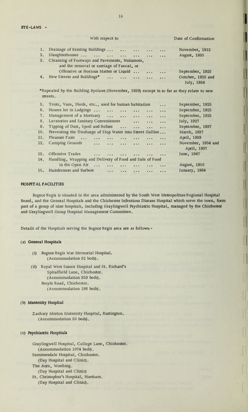 BYE-LAWS - With respect to Date of Confirmation 1. Drainage of Existing Buildings 2. Slaughterhouses 3. Cleansing of Footways and Pavements, Nuisances, and the removal or caniage of Faecal, or Offensive or Noxious Matter or Liquid ... 4. New Streets and Buildings* November, 1912 August, 1935 September, 1925 October, 1925 and July, 1934 •Repealed by the Building Byelaws (November, 1939) except in so far as they relate to new streets. 5. Tents, Vans, Sheds, etc., used for human habitation 6. Houses let in Lodgings 7. Management of a Mortuary 8. Lavatories and Sanitary Conveniences 9. Tipping of Dust, Spoil and Refuse 10. Preventing the Discharge of Slop Water into Street Gullies ,.. 11. Pleasure Fairs 12. Camping Grounds 13. Offensive Trades 14. Handling, Wrapping and Delivery of Food and Sale of Food in the Open Air 15. Hairdressers and Barbers September, 1925 September, 1925 September, 1925 July, 1927 September, 1937 March, 1937 April, 1939 November, 1954 and April, 1957 June, 1947 August, 1950 January, 1964 HOSnTAL FACIUTIES Bognor Regis is situated in the area administered by the South West Metropolitan Regional Hospital Board, and the General Hospitals and the Chichester Infectious Disease Hospital which serve the town, form part of a group of nine hospitals, including Graylingwell Psychiatric Hospital, managed by the Chichester and Graylingwell Group Hospital Management Committee. Details of the Hospitals serving the Bognor Regis area are as follows: - (a) General Hospitals (i) Bognor Regis War Memorial Hospital. (Accommodation 32 beds). (ii) Royal West Sussex Hospital and St. Richard’s Spitalfield Lane, Chichester. (Accommodation 359 beds). BroyleRoad, Chichester. (Accommodation 198 beds). (b) Maternity Hospital Zachary Merton Maternity Hospital, Rustington. (Accommodation 50 beds). (c) Psychiatric Hospitals Graylingwell Hospital, College Lane, Chichester. (Accommodation 1074 beds). Summersdale Hospital, Chichester. (Day Hospital and Clinic). The Acre, Worthing. (Day Hospital and Clinic) St. Christopher’s Hospital, Horsham. (Day Hospital and Clinic).