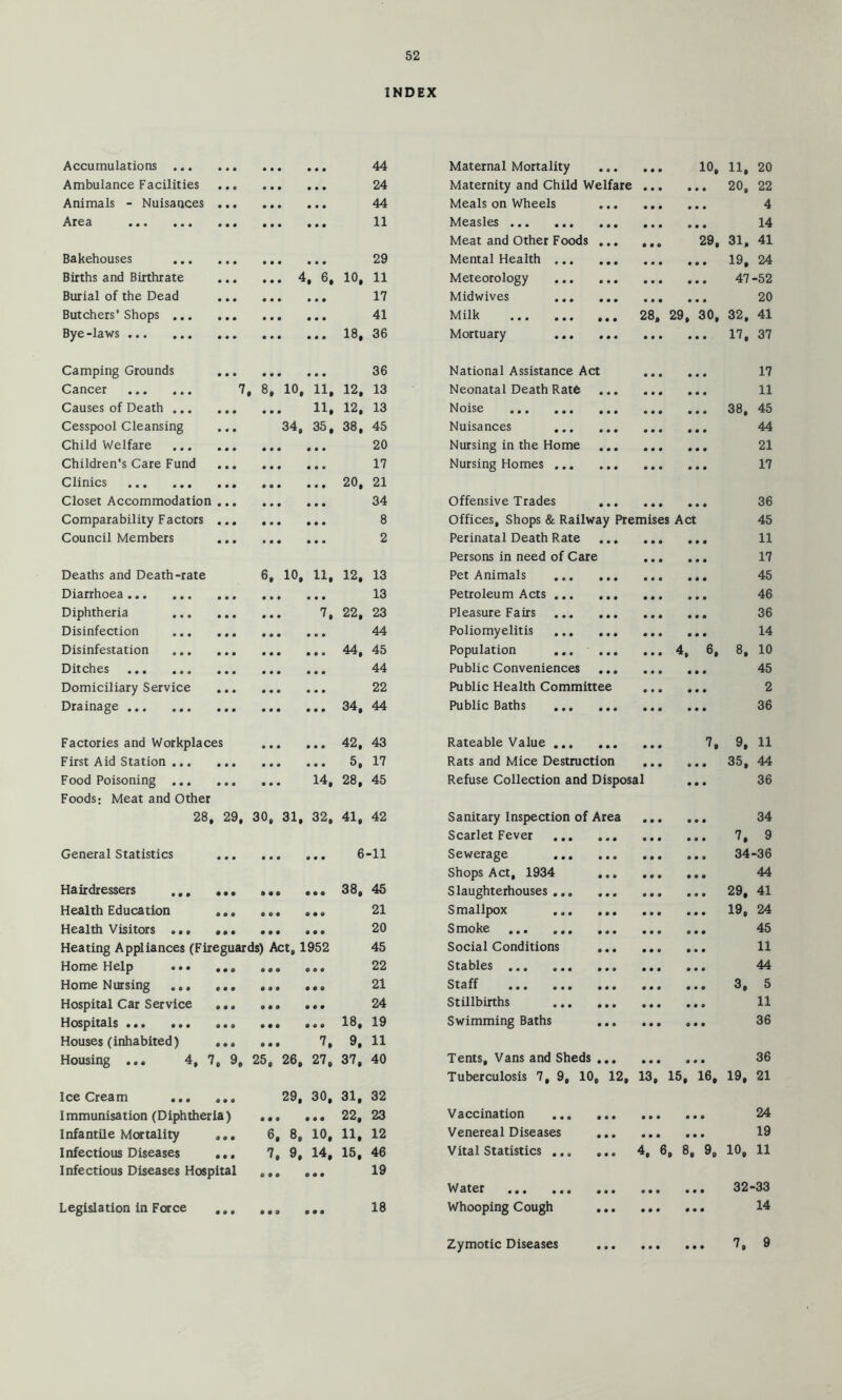 INDEX Accumulations • • • • • • 44 Maternal Mortality • • • 10, 11, 20 Ambulance Facilities • • • • • • 24 Maternity and Child Welfare • • • • .. 20, 22 Animals - Nuisances ... • • • • « • 44 Meals on Wheels • • • • • • 4 Area ••• ••• • • • • • • 11 Measles • • • • • • 14 Meat and Other Foods ... • • • 29, 31, 41 Bakehouses • • • • • • 29 Mental Health • • • • .. 19, 24 Births and Birthrate • • • 4, 6. 10, 11 Meteorology • • • • 47 -52 Burial of the Dead • • • • • • 17 Midwives • • • • • • 20 Butchers' Shops • • • • • • 41 Milk 28, 29, 30, 32, 41 Bye-laws • • • ... 18, 36 Mortuary • • • • .. 17, 37 Camping Grounds • • • • • • 36 National Assistance Act • • • • • • 17 Cancer 7 . 8, 10, 11, 12, 13 Neonatal Death Rate • • • • • • 11 Causes of Death • • • 11, 12, 13 Noise • • • • .. 38, 45 Cesspool Cleansing 34, 35, 38, 45 Nuisances • • • • • • 44 Child Welfare • • • • • • 20 Nursing in the Home .,. • • • • • • 21 Children's Care Fund • • • • • • 17 Nursing Homes • • • • • • 17 Clinics ••• ••• • • • ... 20, 21 Closet Accommodation ,.. • • • • • • 34 Offensive Trades ... • • • • • • 36 Comparability Factors .., • • • • • • 8 Offices, Shops & Railway Premises Act 45 Council Members • • • • • • 2 Perinatal Death Rate • • • • • • 11 Persons in need of Care • • • • • • 17 Deaths and Death-rate 6, 10, 11, 12, 13 Pet Animals • • • • • • 45 Diarrhoea • • • • • • 13 Petroleum Acts • • • • • • 46 Diphtheria • • • 7, 22, 23 Pleasure Fairs • • • • • # 36 Disinfection • • • • • • 44 Poliomyelitis • • • • • • 14 Disinfestation • • • 44 • • • 45 Population • • • 4, 6, 8, 10 Ditches ••• ••• ••• • • • • • • 44 Public Conveniences ... • • 45 Domiciliary Service • • • • • • 22 Public Health Committee • • • • • • 2 Drainage • • • ... 34, 44 Public Baths • • • • • • 36 Factories and Workplaces • • • ... 42, 43 Rateable Value • • • 7, 9, 11 First Aid Station • • • ... 5, 17 Rats and Mice Destmction • • • • .. 35, 44 Food Poisoning • • • 14, 28, 45 Refuse Collection and Disposal • • 36 Foods: Meat and Other 28, 29, 30, 31, 32, 41, 42 Sanitary Inspection of Area • • • • • • 34 Scarlet Fever • • • • .. 7. 9 General Statistics • • • ... 6 -11 Sewerage • • • « .. 34-36 Shops Act, 1934 • • • • • • 44 Hairdressers .,, ,,, • • • ... 38, 45 Slaughterhouses • • • • .. 29, 41 Health Education ,., • « • • • • 21 Smallpox • • • • .. 19, 24 Health Visitors ... ... • • • • • • 20 Smoke ... ... ... • • • • • • 45 Heating Appliances (Fireguards) Act, 1952 45 Social Conditions ... • • • • • • 11 Home Help ... ,,, • • • 0 0* 22 Stables ... ... ... • • • • • • 44 Home Nursing ... ... • • • • • • 21 Staff ... ... ... • • • • .. 3, 5 Hospital Car Service ... • • • • • • 24 Stillbirths • • • • • • 11 Hospitals ... ... ... • • • ... 18, 19 Swimming Baths .., • • • • • • 36 Houses (inhabited) ... • • • 7, 9, 11 Housing ... 4, 7, 9, 25, 26, 27, 37, 40 Tents, Vans and Sheds ... • • • • • • 36 Tuberculosis 7, 9, 10, 12, 13, 15, 16, 19, 21 Ice Cream 29, 30, 31, 32 Immunisation (Diphtheria) • • t • • • 22^ 23 Vaccination • • • • • • 24 Infantile Mortality 6, 8, 10, 11, 12 Venereal Diseases ... • • • • • • 19 Infectious Diseases ... 7. 9, 14, 15, 46 Vital Statistics 4, 6, 8, 9, 10, 11 Infectious Diseases Hospital • • • • • • 19 Water • • • • 32- -33 Legislation in Force ,,, • • • • • • 18 Whooping Cough • • • • • 4 14 Zymotic Diseases • • • • .. 7, 9